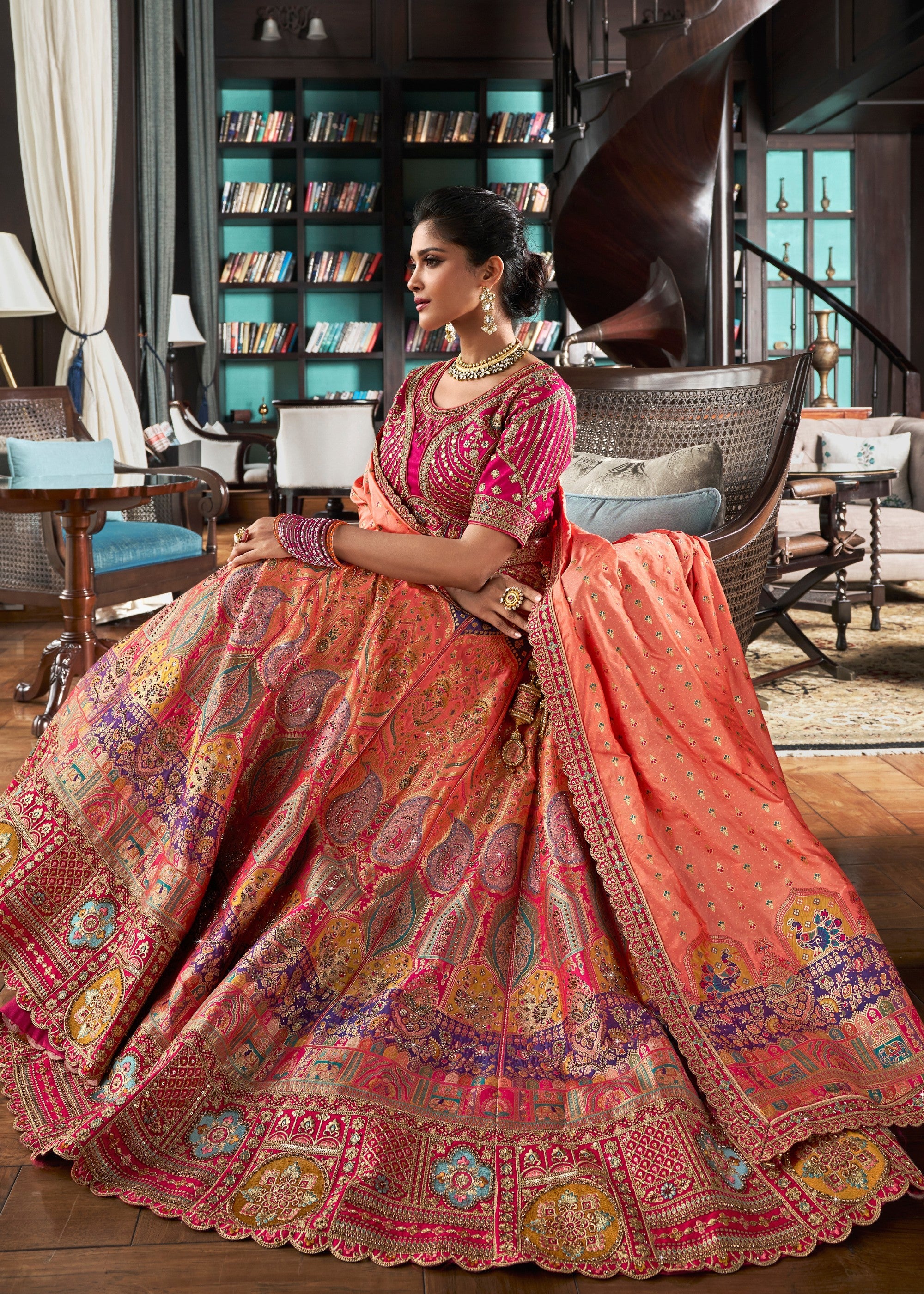 Coral Pink Banarasi Silk Lehenga with Zarkan Codding work | Ready To Wear - qivii