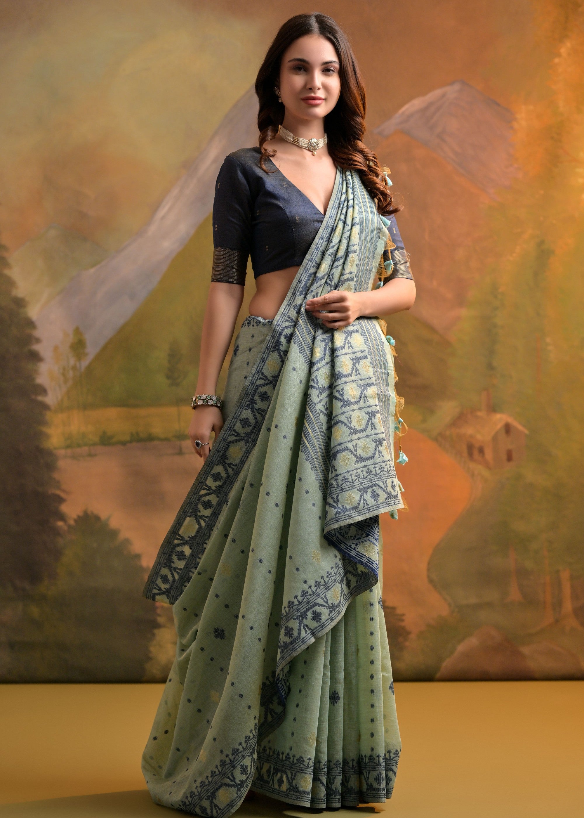Ocean Green Thread Woven Cotton Saree With All Over Butti - qivii