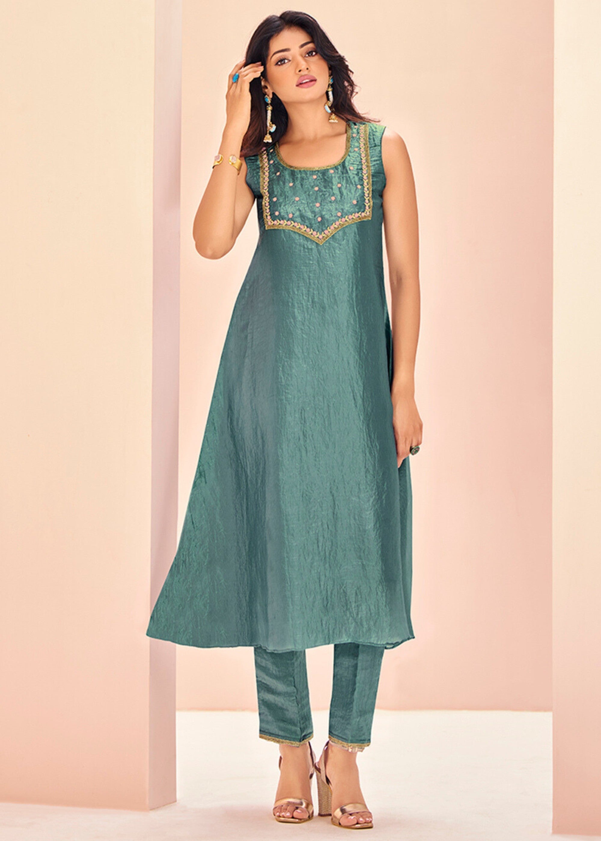 Aqua Organza Handwork Kurta with Pant - qivii