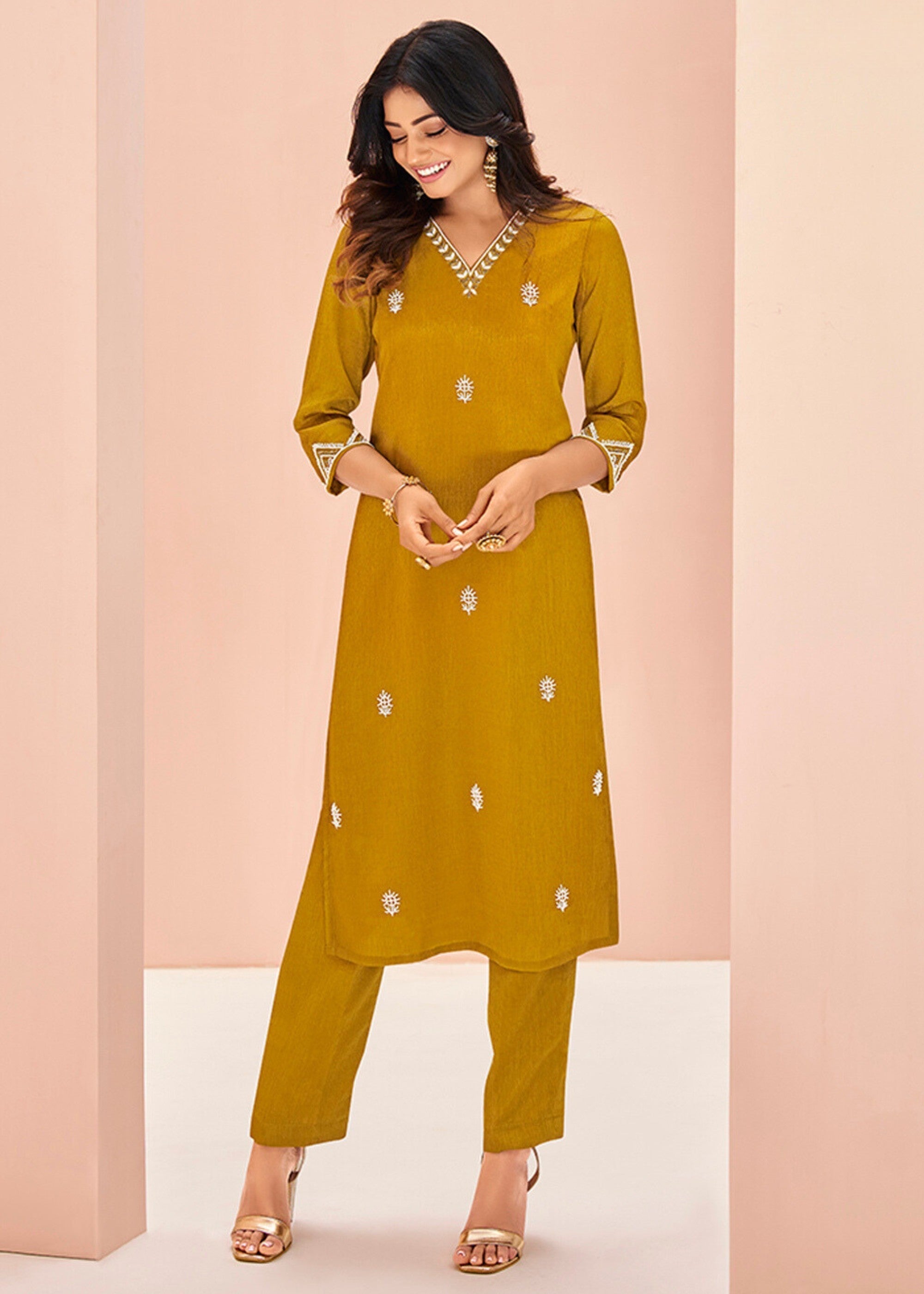 Chinon Mustard Handwork Kurta with Trouser - qivii