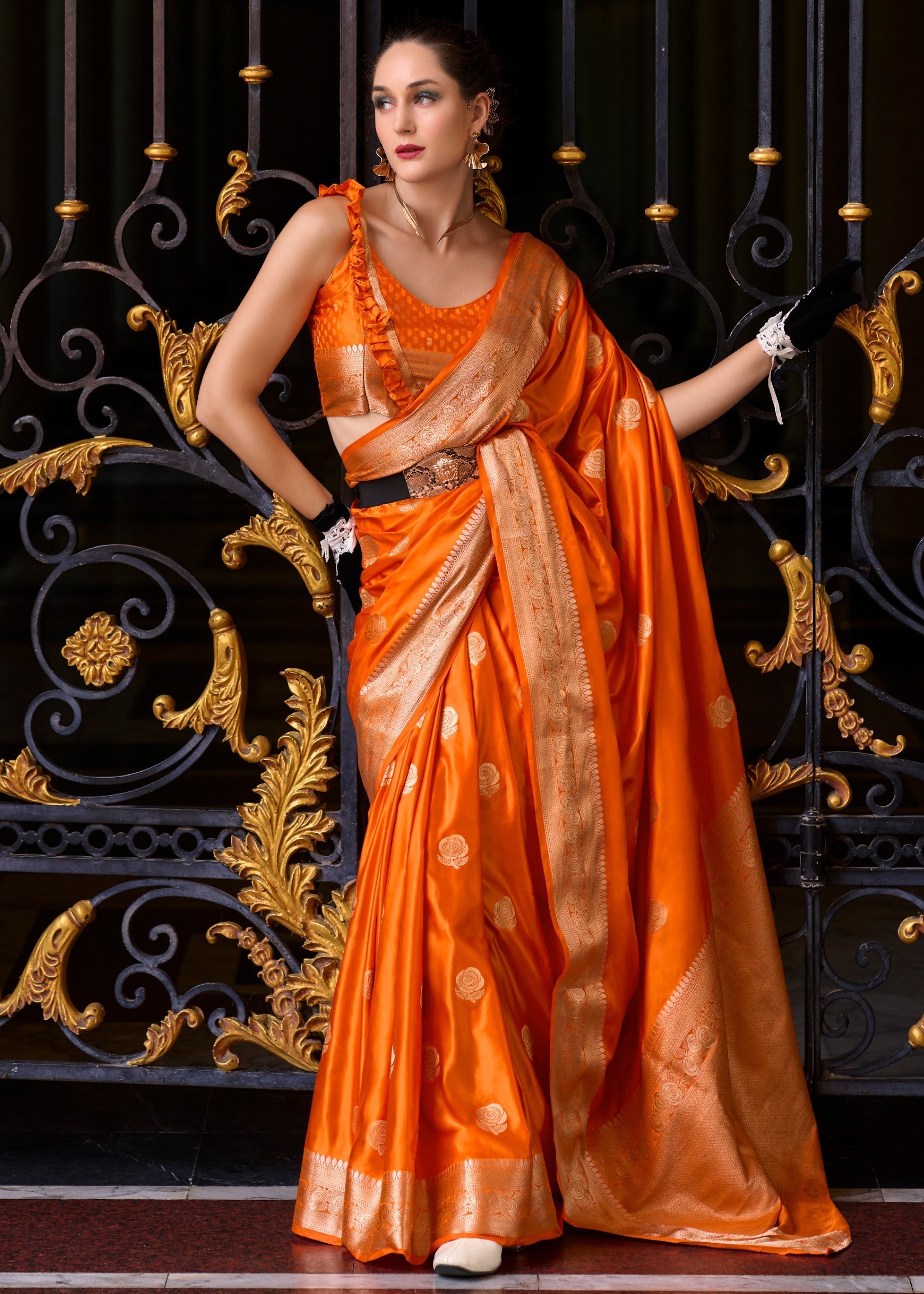 Neon Orange Satin Mungha Silk Saree - qivii
