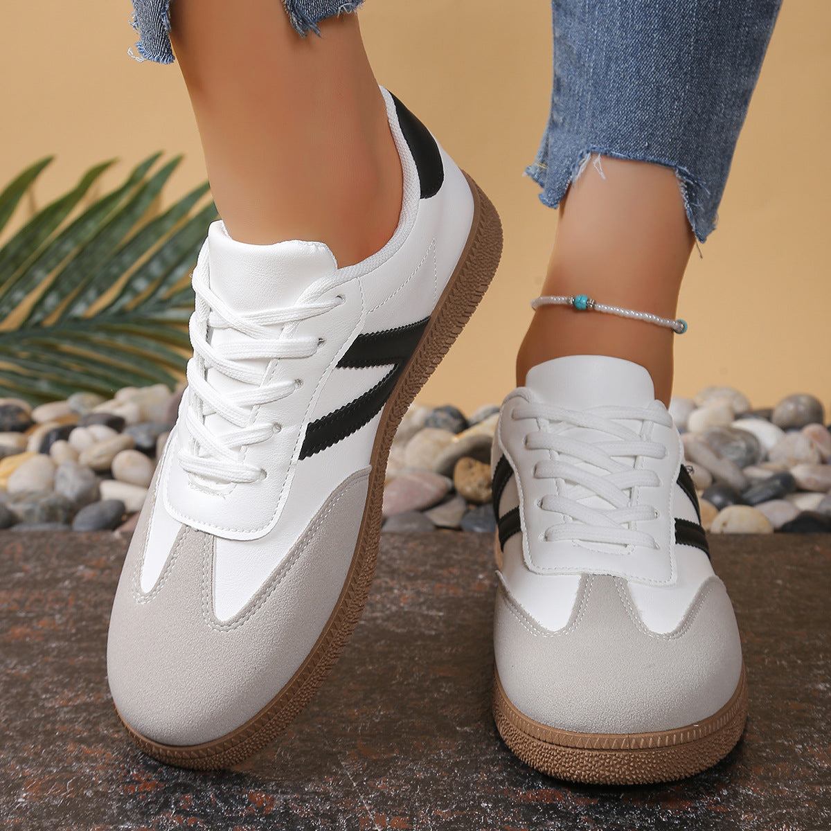 Women’s Everyday Court Color-Block Trainer Sneakers – Soft-Sole Flat Shoes (US 5–10)