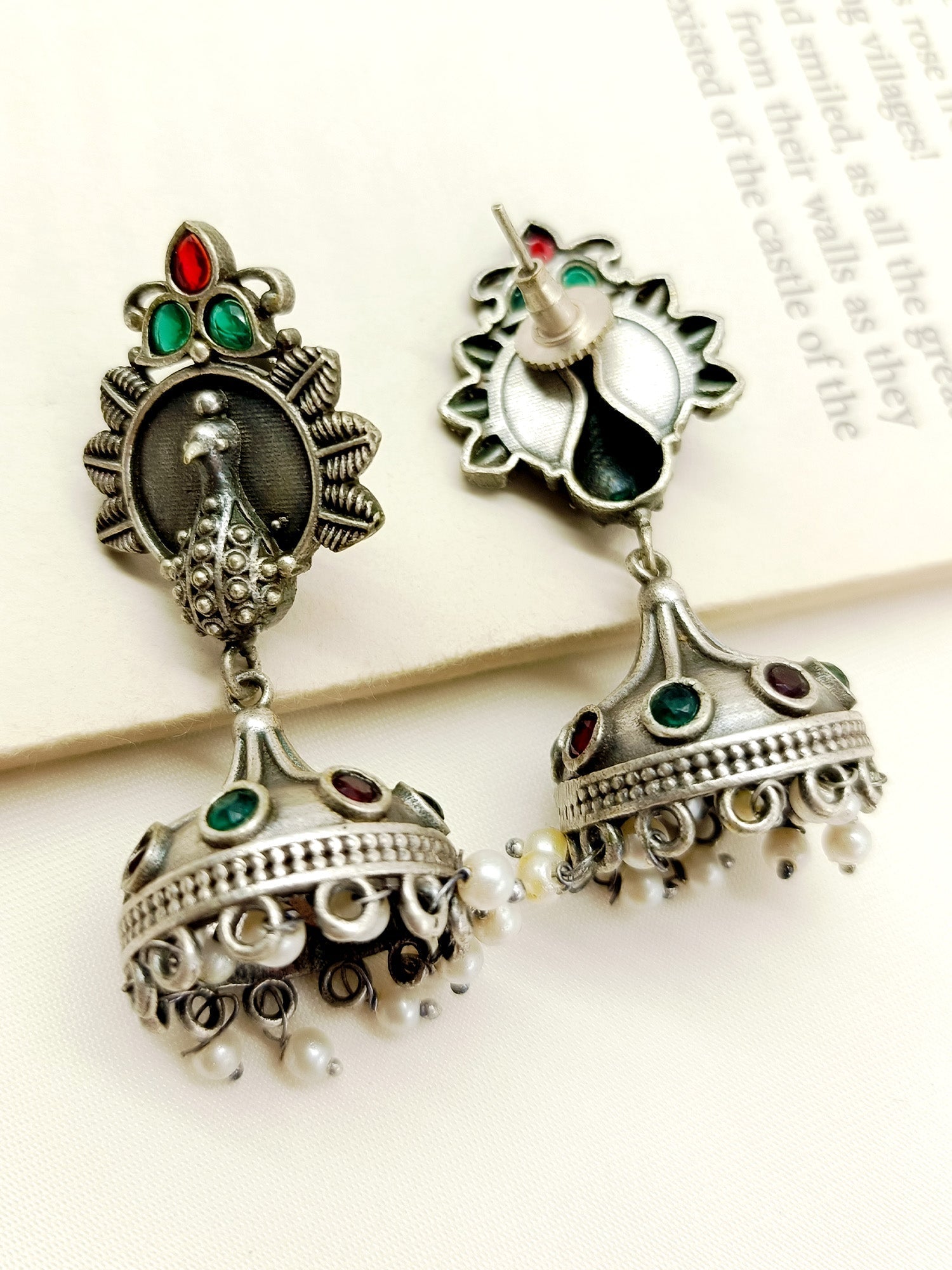 Suhanika R & G Peacock Oxidized Jhumki - qivii