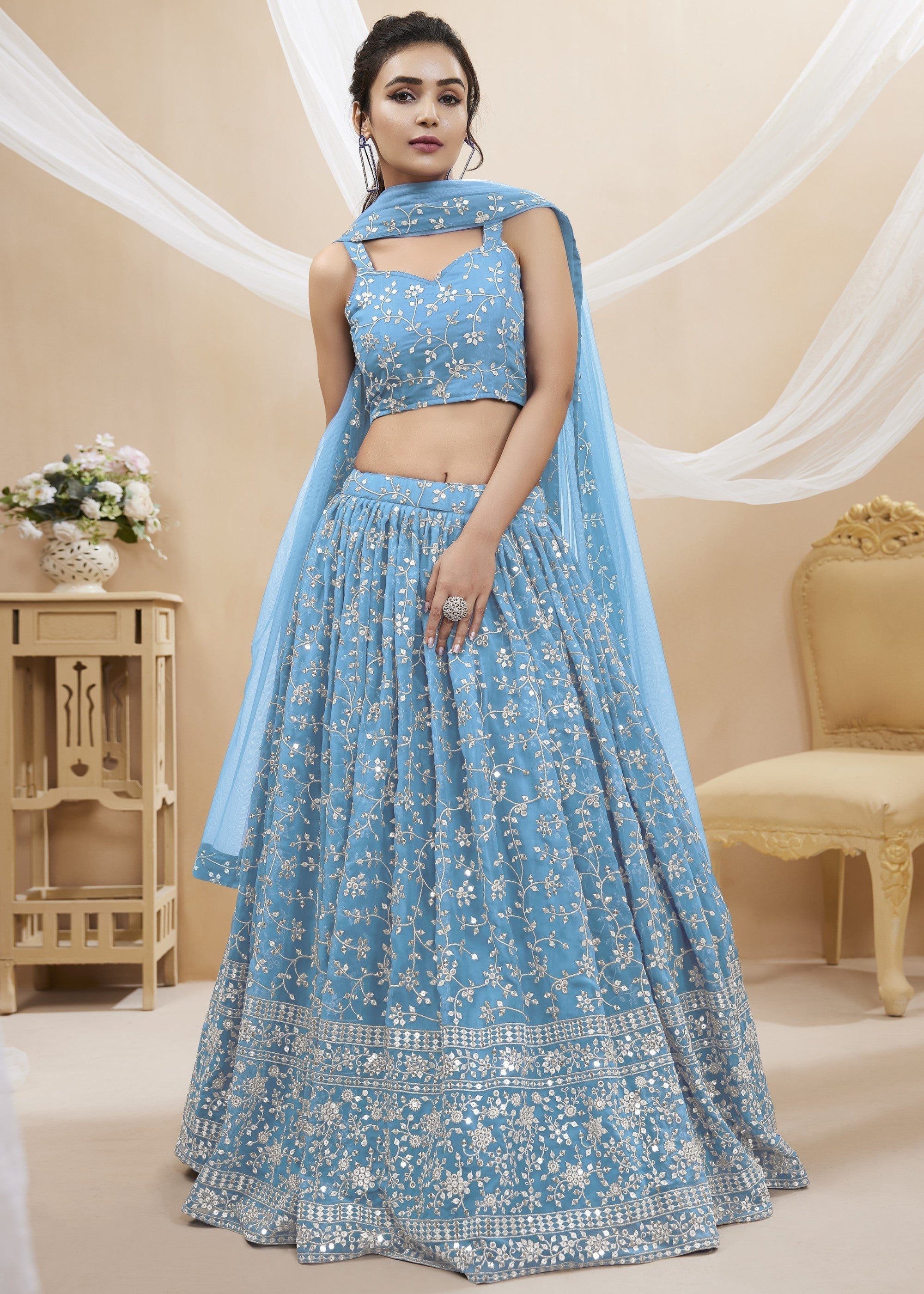 Sky Blue Georgette Lehenga Choli With Sequins Zari Embroidered Work | Ready To Wear - qivii