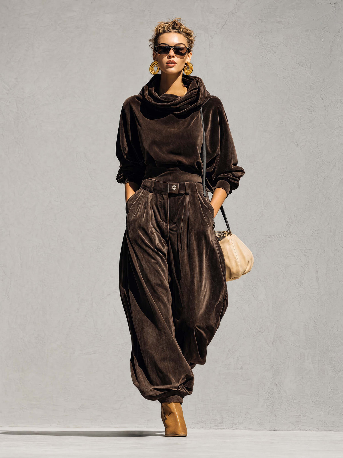 Vintage Sophisticated Casual Brown Velvet Hoodie And Loose Pants Set - By Qivii