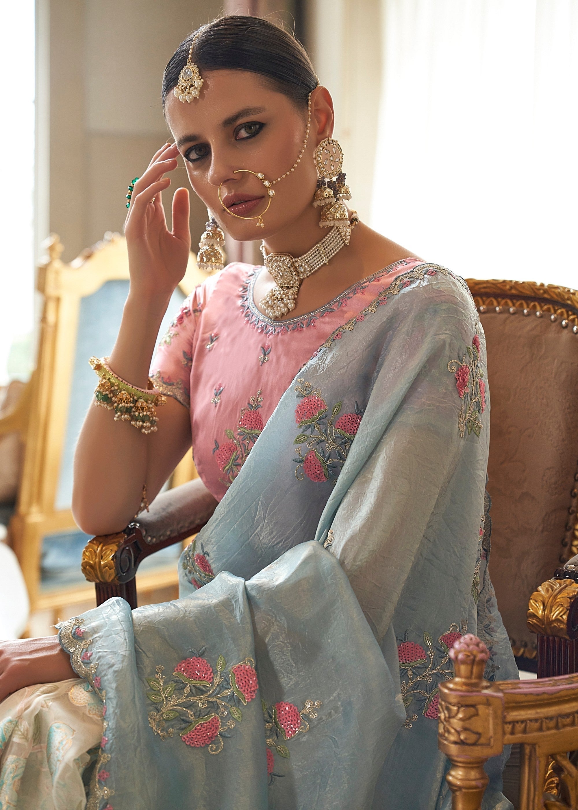 Light Blue And White Fancy Tissue Saree With Unique Work And Designer Blouse - qivii