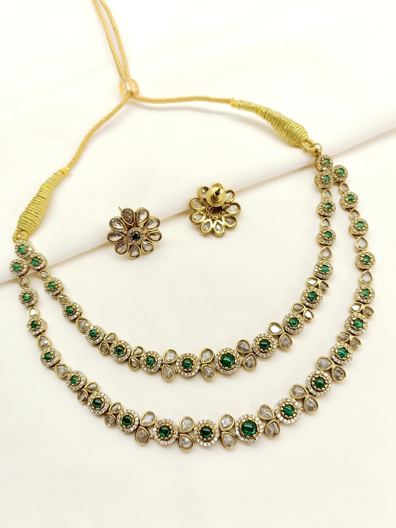 Yuka Green Double layered Polki Necklace Set - qivii