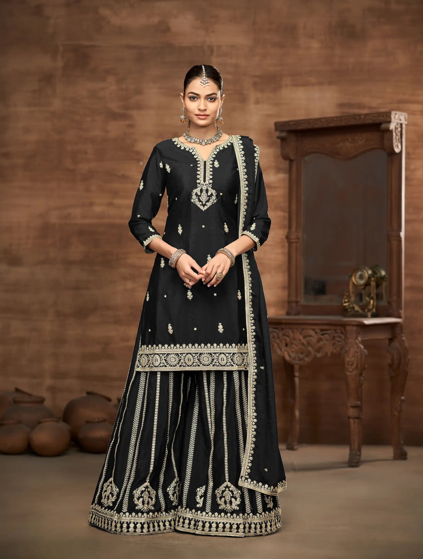 Black Chinon Palazzo Salwar Suit With Thread & Sequins Embroidery Work - qivii