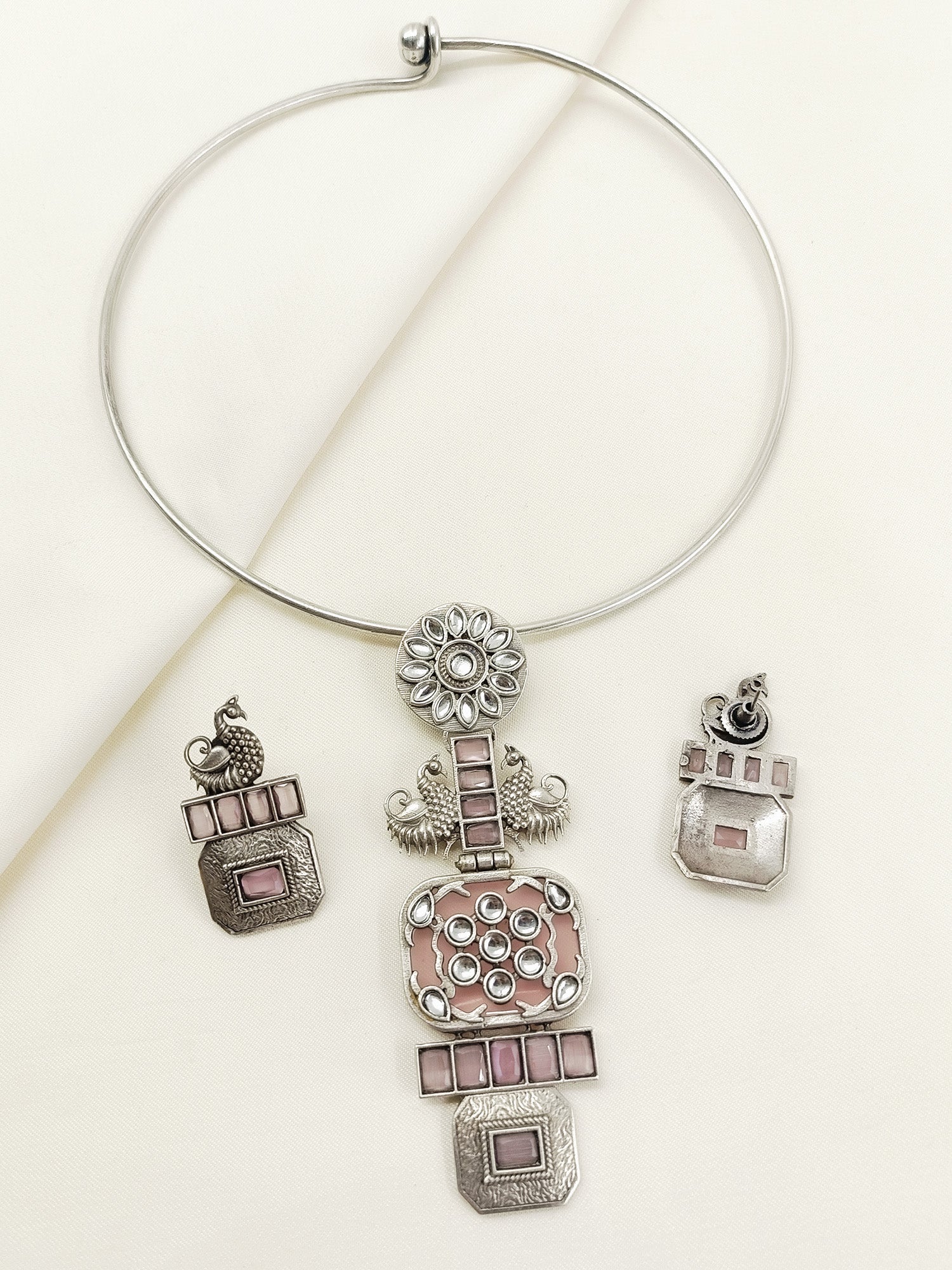 Naiya Baby Pink Oxidized Hasli Style Necklace Set