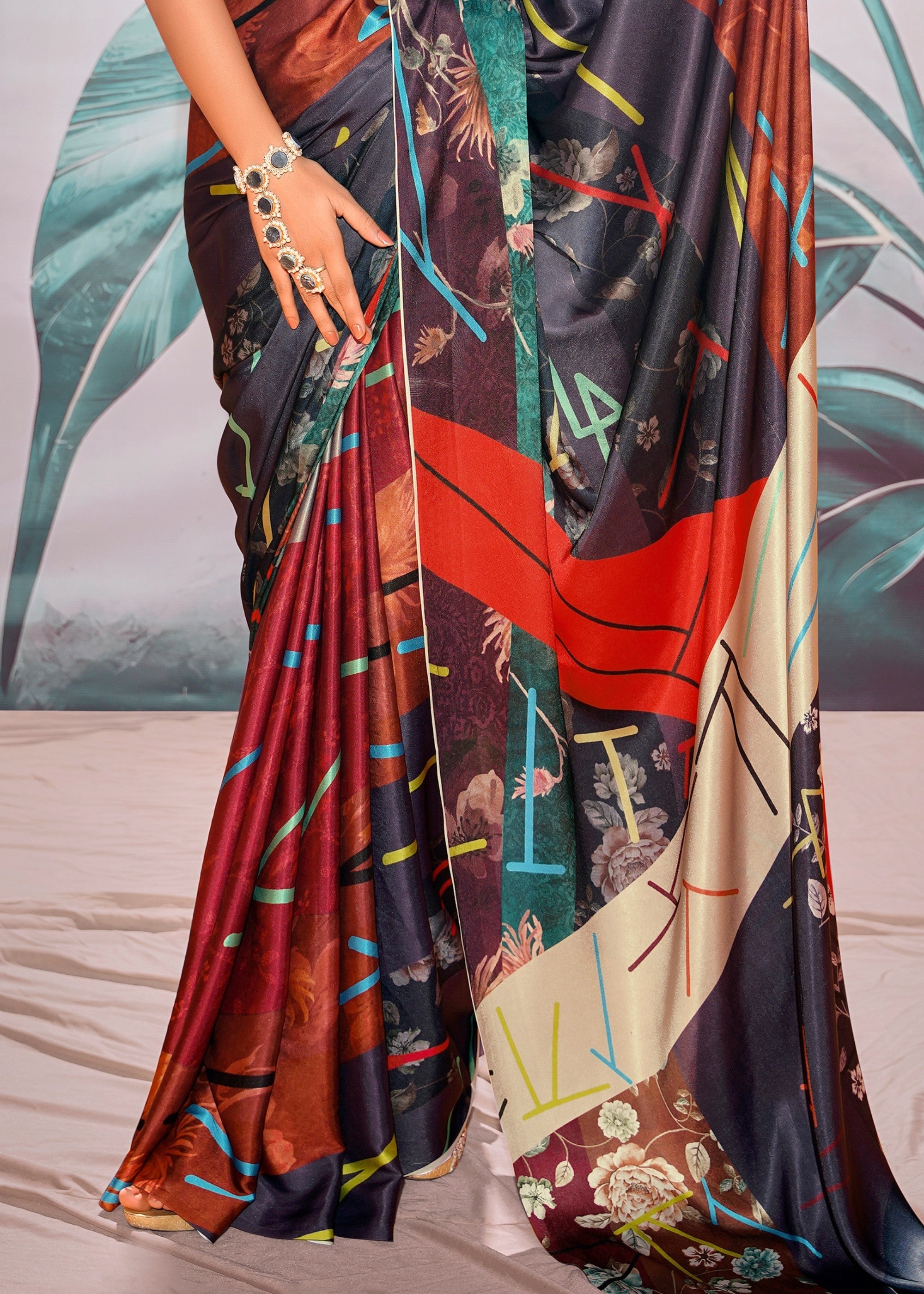 Black and Red Satin Crepe With Digital print - qivii