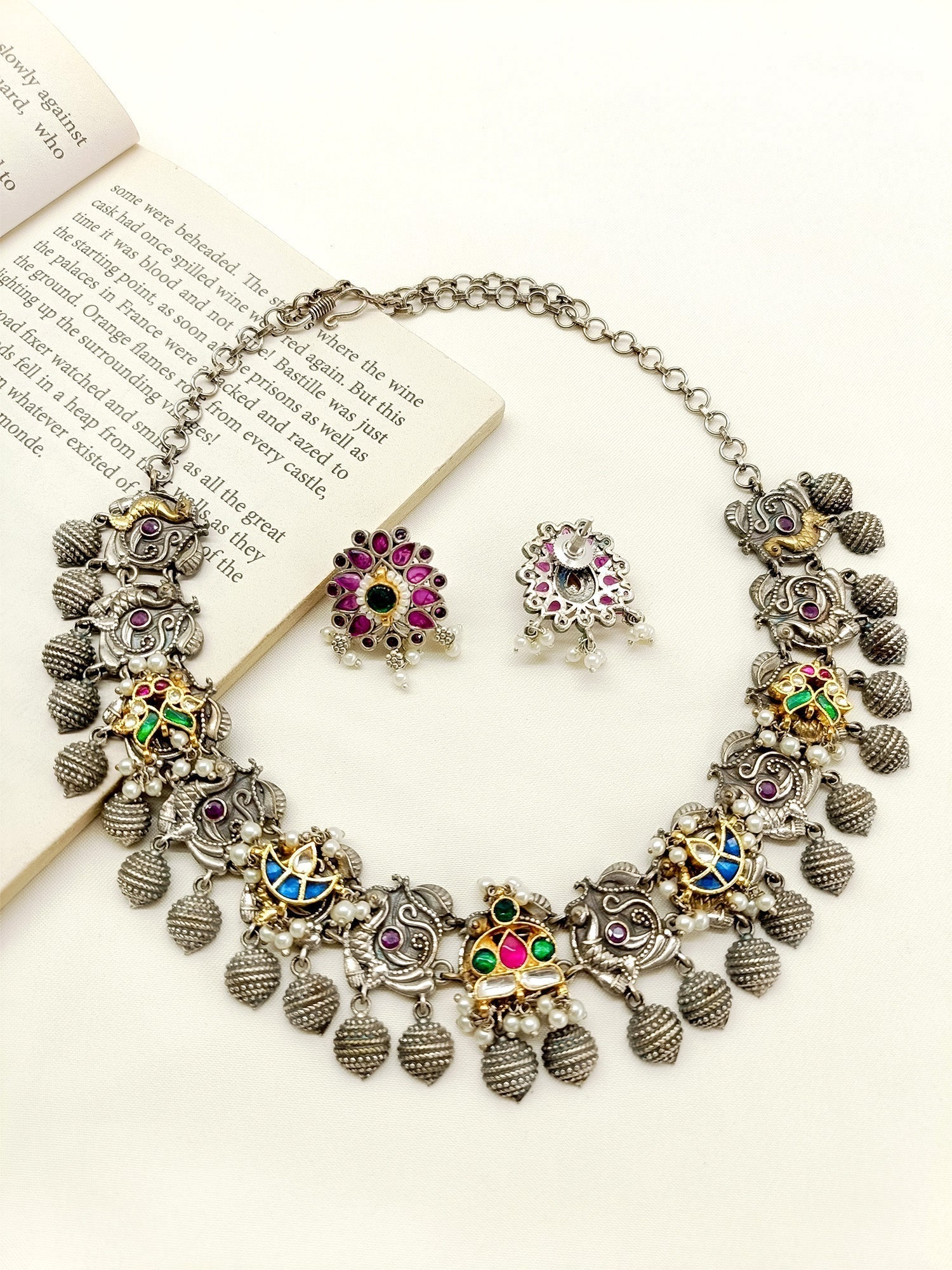 Blanche Multi Colour Peacock Oxidized Necklace Set - qivii