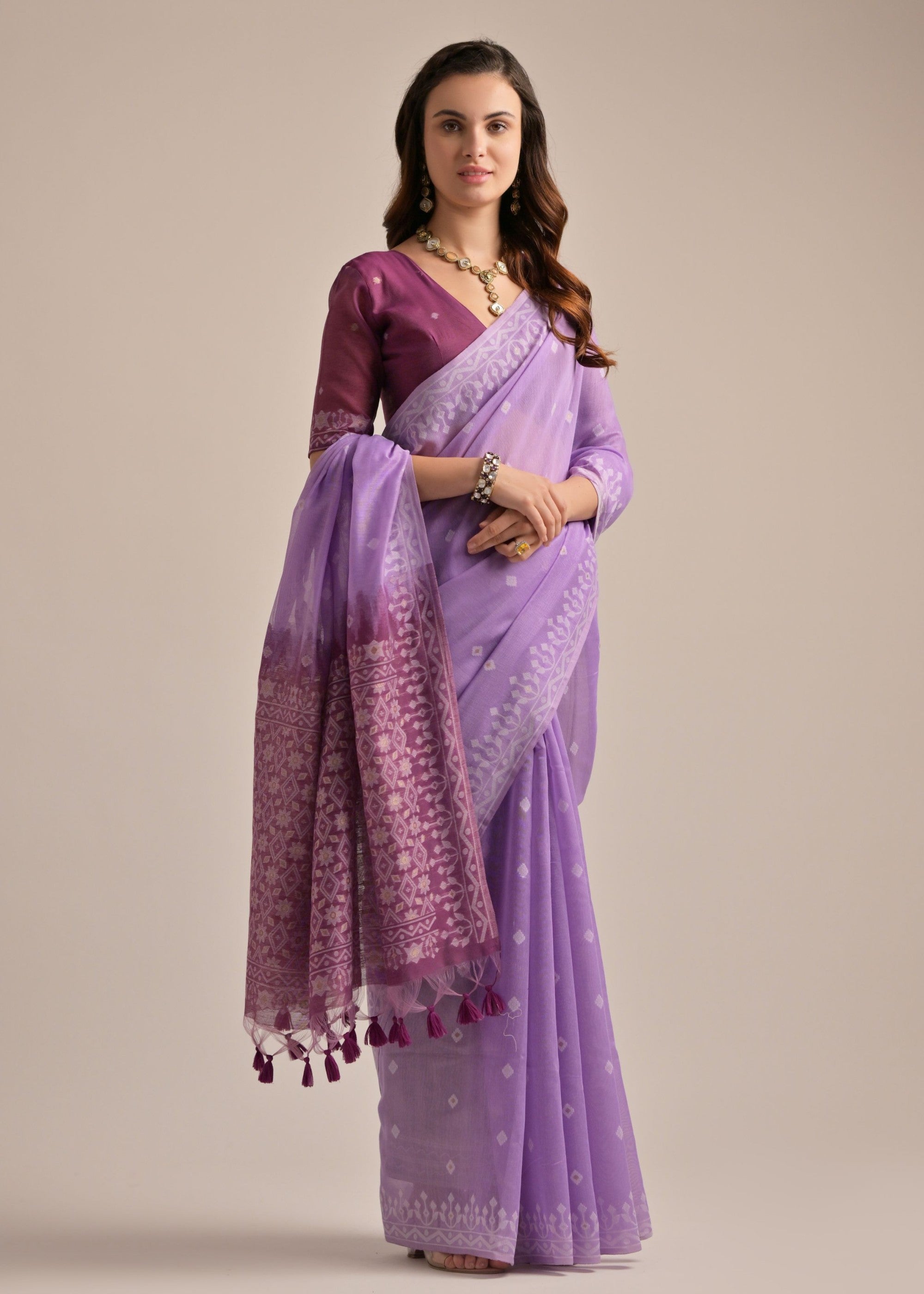 Lavender Thread Butti Lakhnawi Weaves Muga Cotton Saree With Contrast Pallu - qivii
