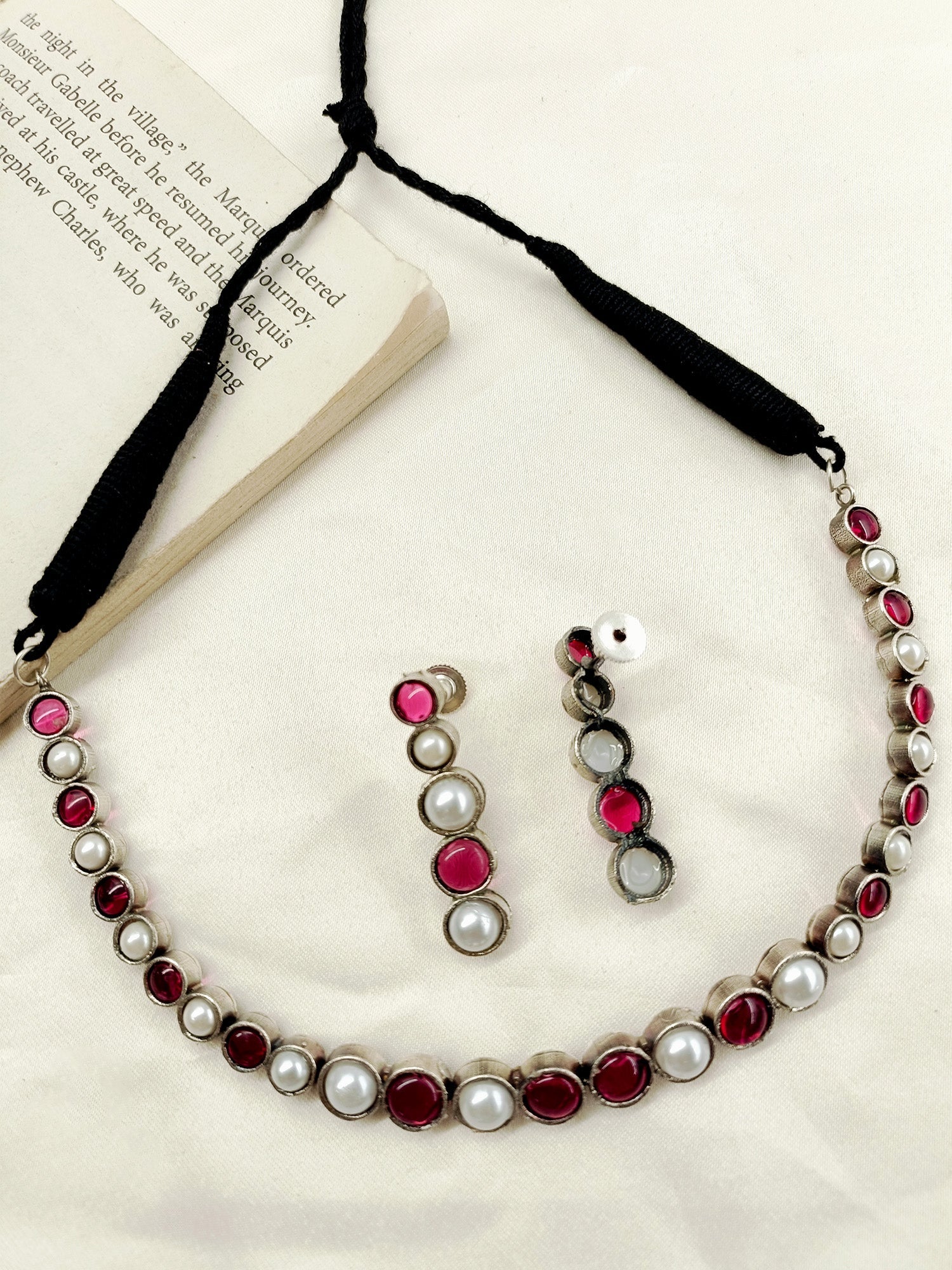 Adiratna Rose Pink Oxidized Necklace Set - qivii