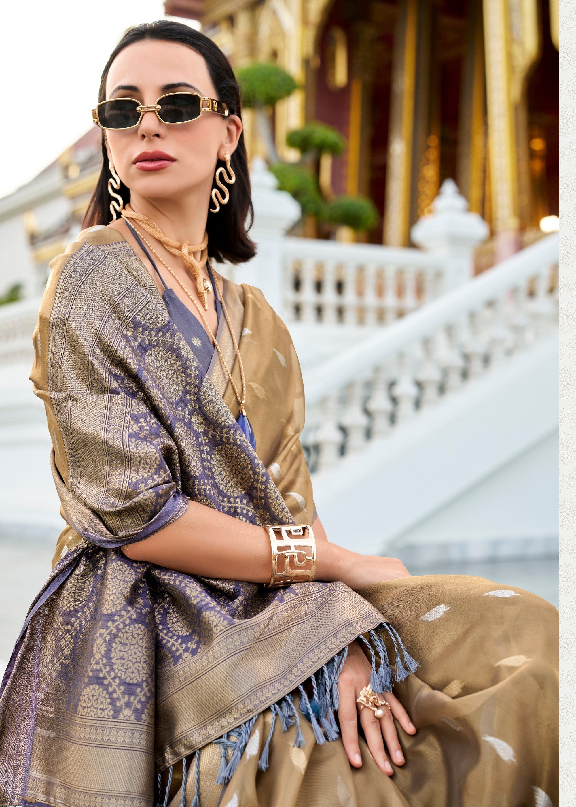 Sand Brown & Blue Tissue Silk Saree With Zari Weaving And Contrast Blouse - qivii
