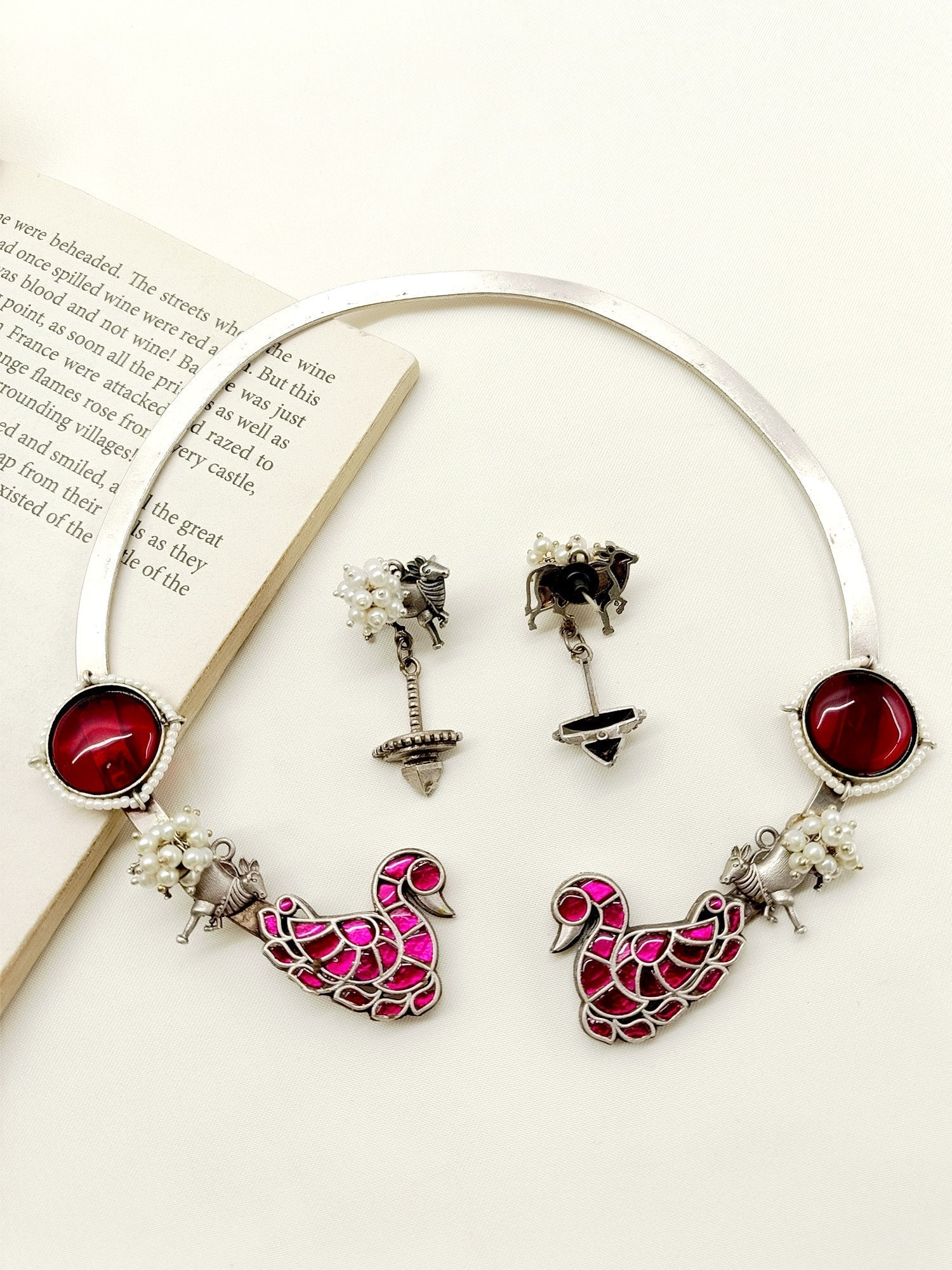 Abhinta Majenta Peacock Oxidized Hasli Style Necklace Set - qivii