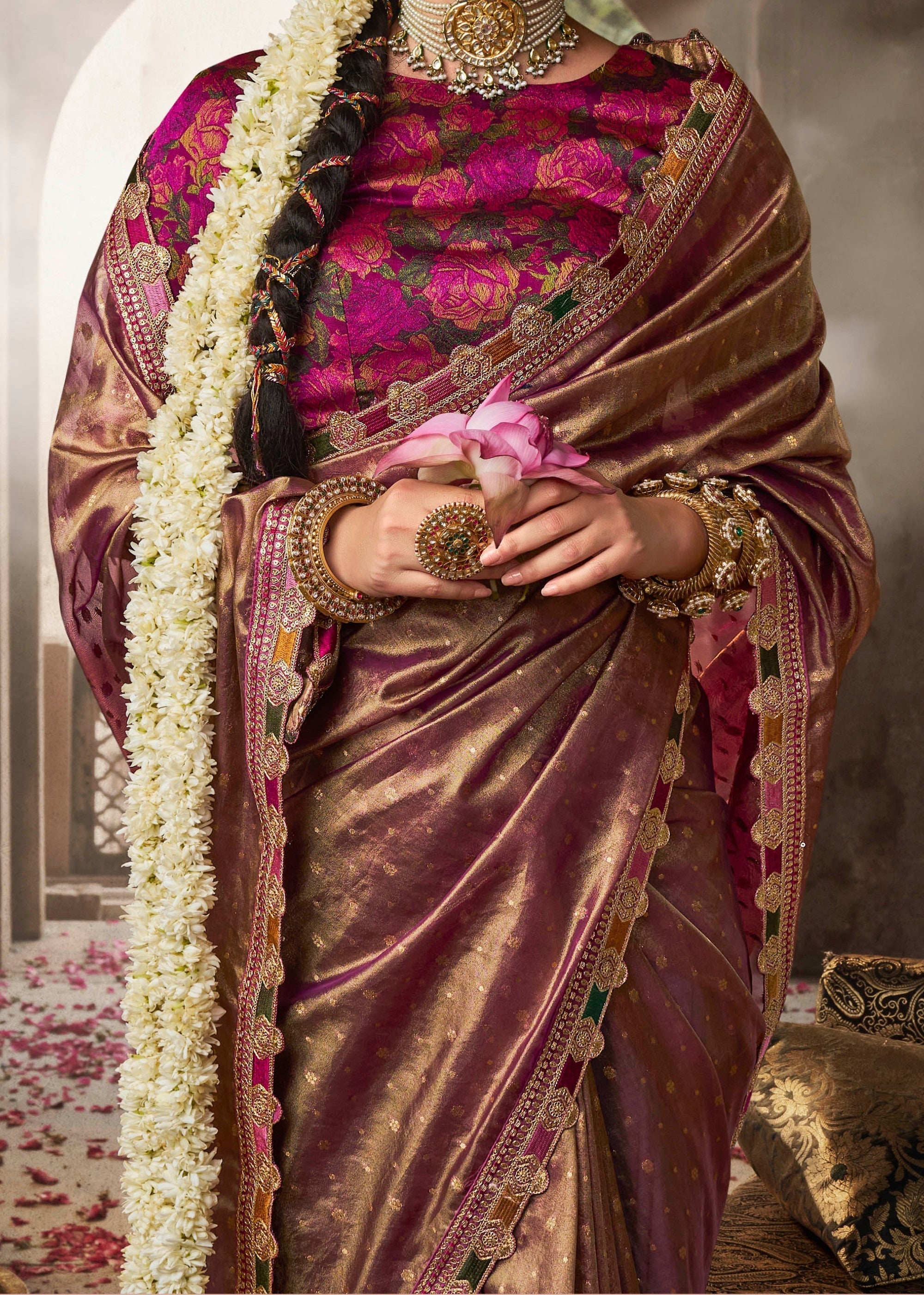 Purpleish Tissue Silk Saree With Multicolored Lace & Designer Blouse - qivii