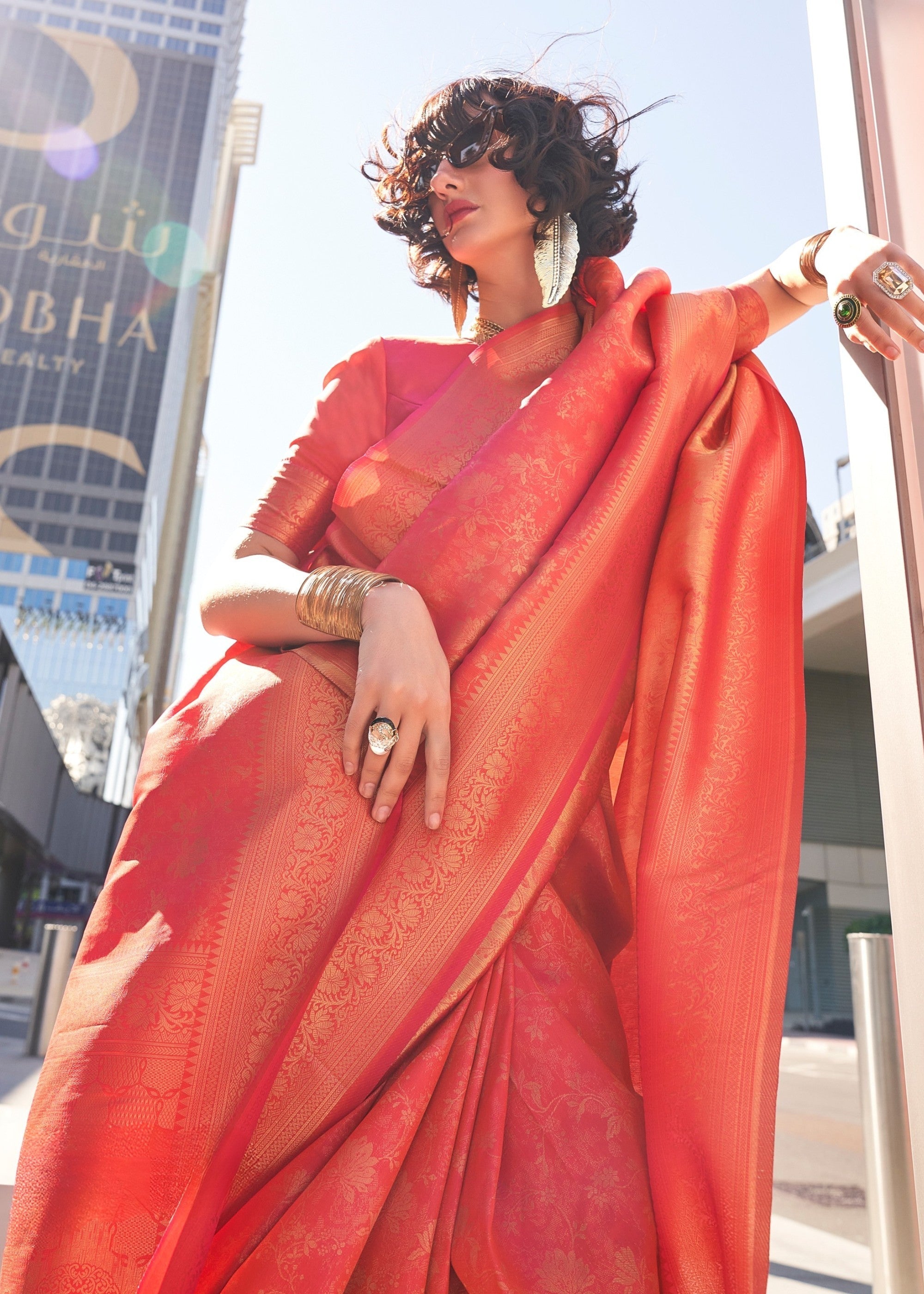 Peach Orange Handloom Weaving Saree - qivii