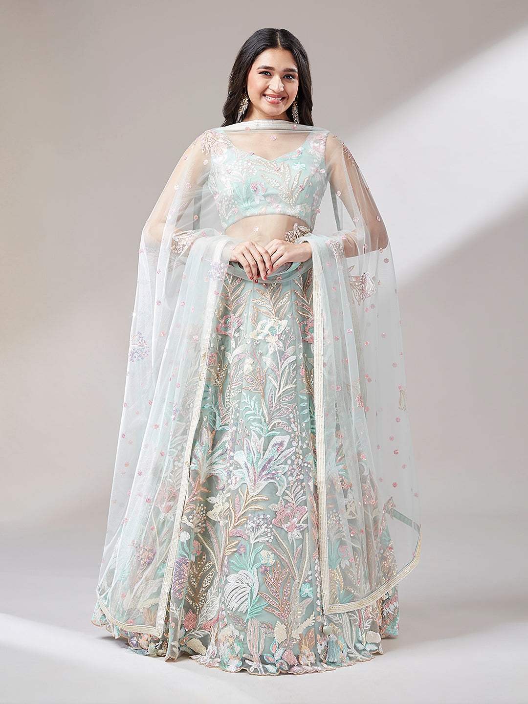 Limegreen - Net Multi-Sequins Work Semi-Stitched Lehenga - qivii