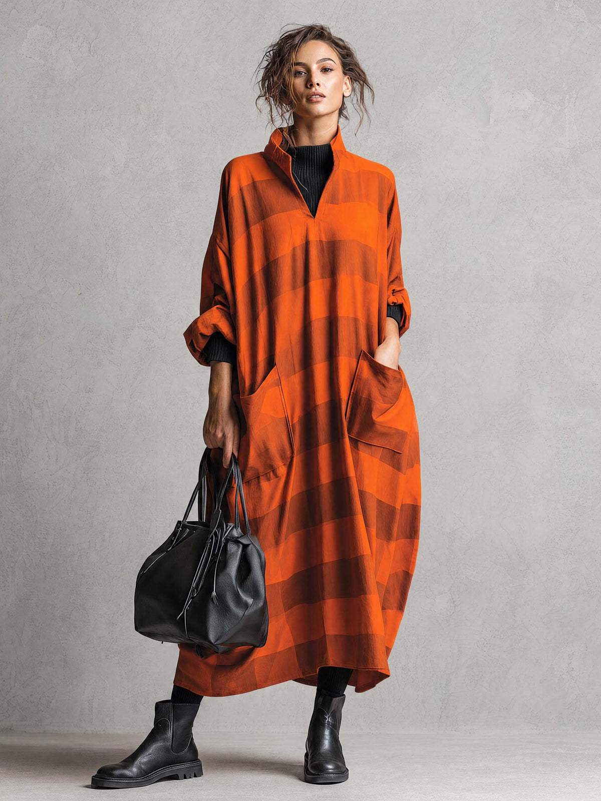 Vintage Fashion Ultra Loose V-neck Large Pockets Orange And Brown Wide Striped Maxi Dress - By Qivii