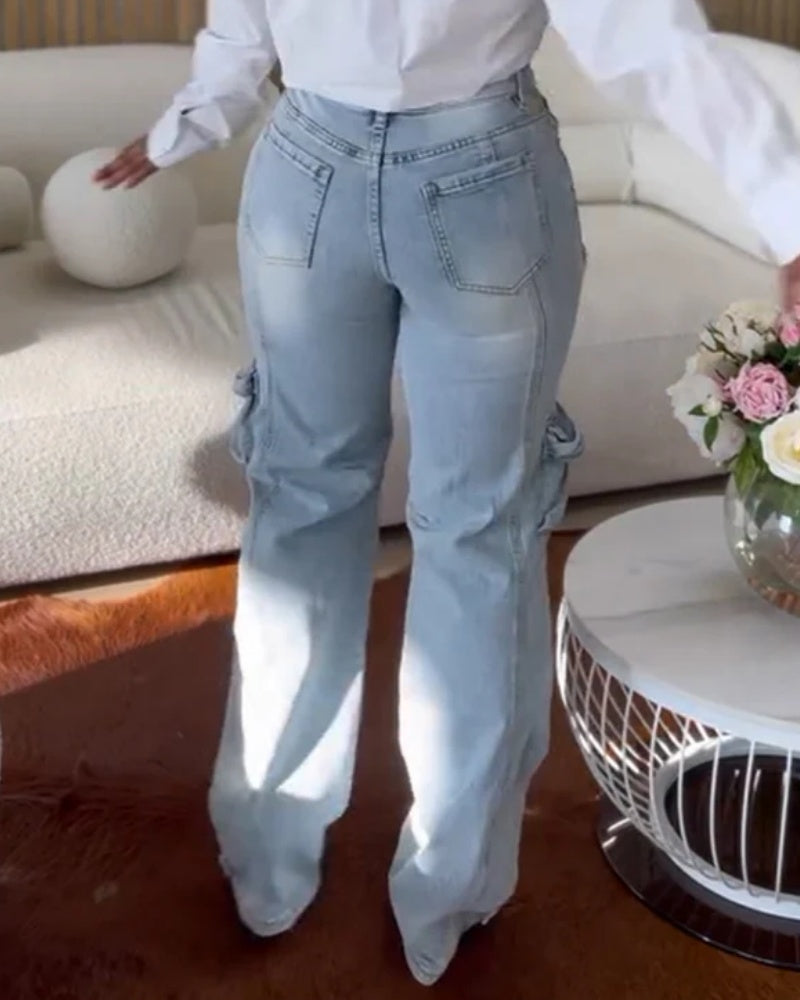 Stylish Wash Trimmed Cutouts Denim Cargo Jeans with Rhinestone - By Qivii