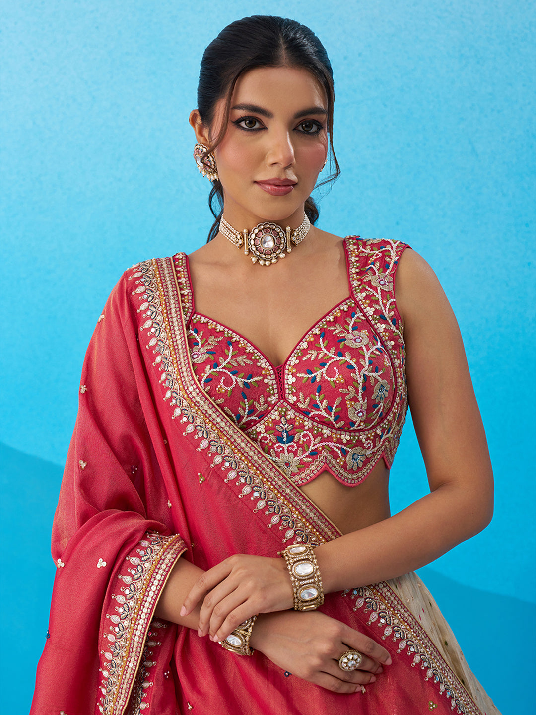 Cream & Pink Jacquard Tissue Sequined Thread & Embroidered Lehenga set