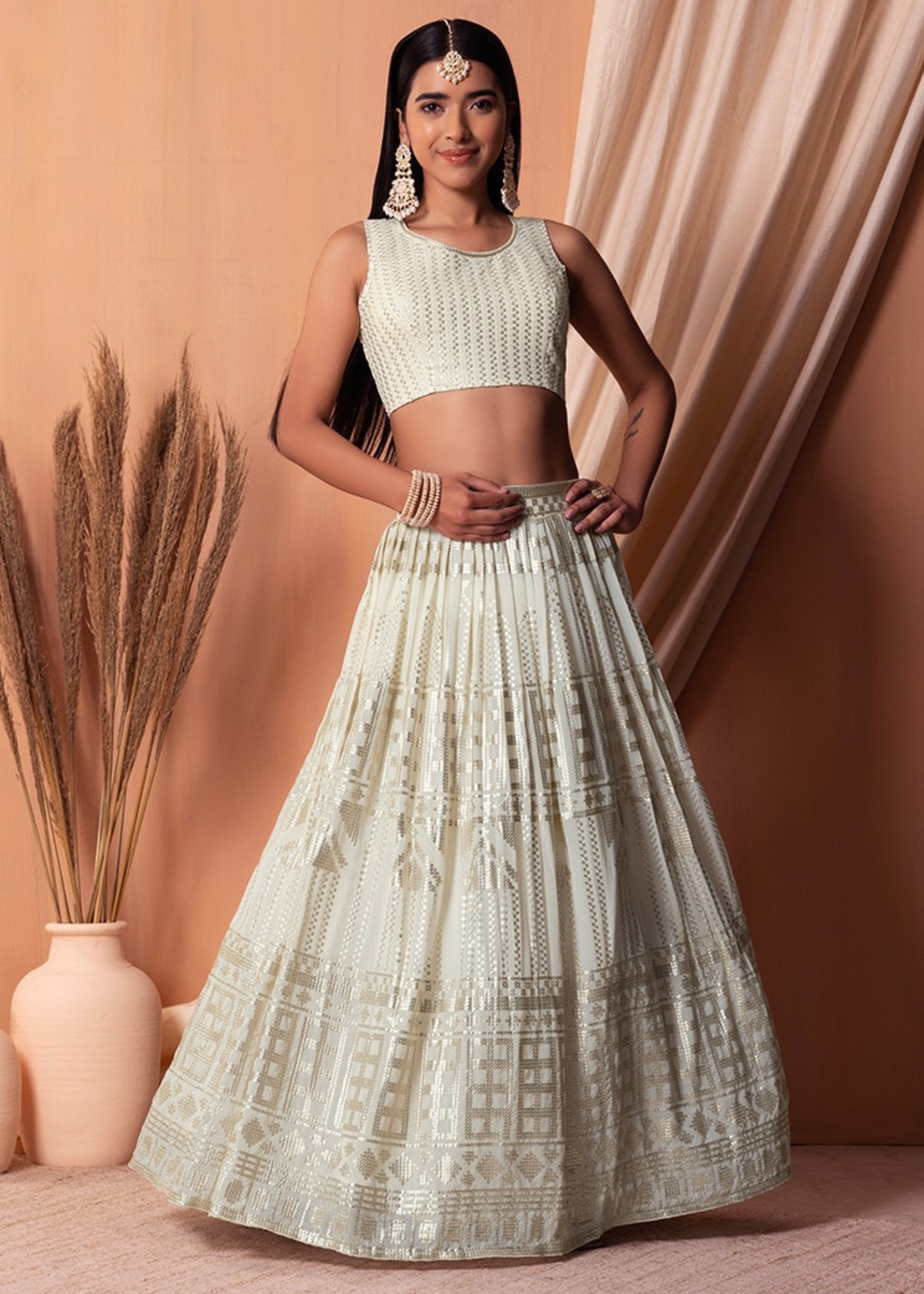 Off White Georgette Lehenga Choli With Sequins And Thread Embroidery Work | Ready To Wear - qivii
