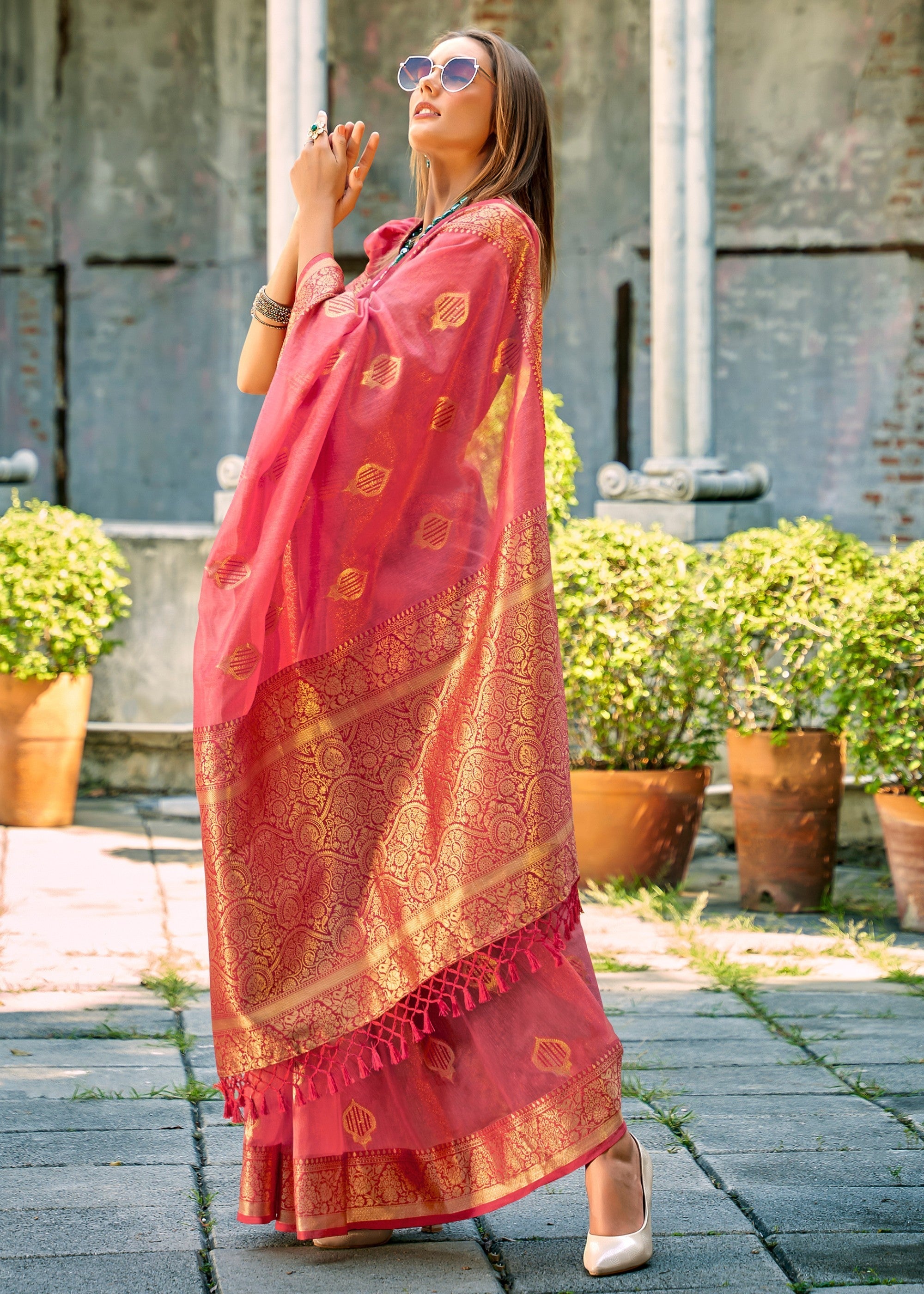 Coral Pink Soft Tissue Silk Saree With Contrast Border - qivii