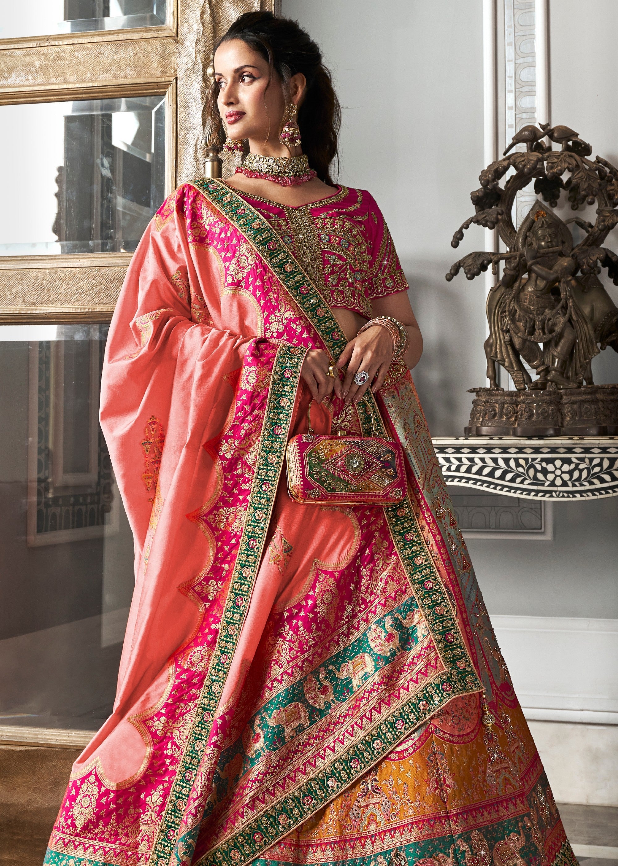 Peach & Pink Banarasi Silk Lehenga with Zarkan Codding work | Ready To Wear - qivii