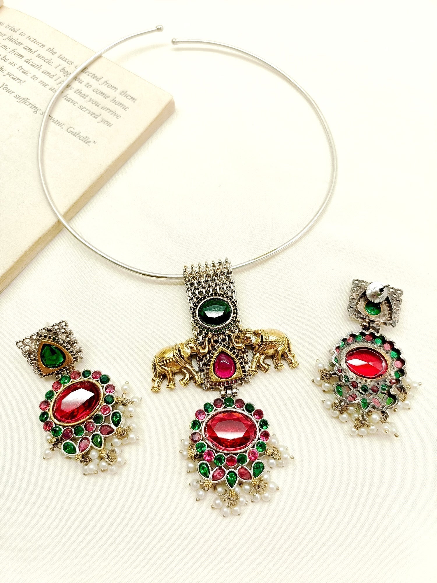 Delja M & G Elephant Oxidized Hasli Style Necklace Set - qivii