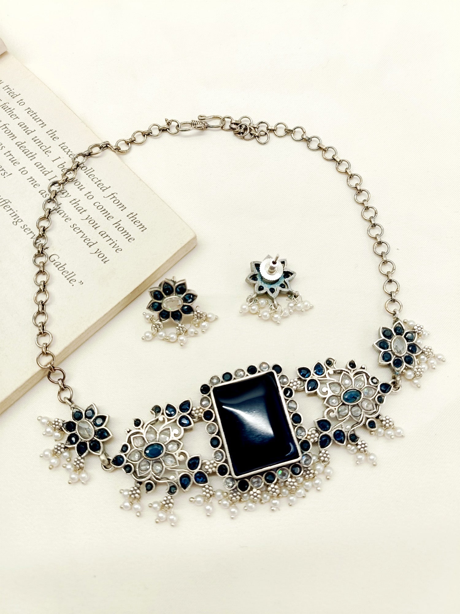 Sharvya Navy Blue Oxidized Choker Set - qivii