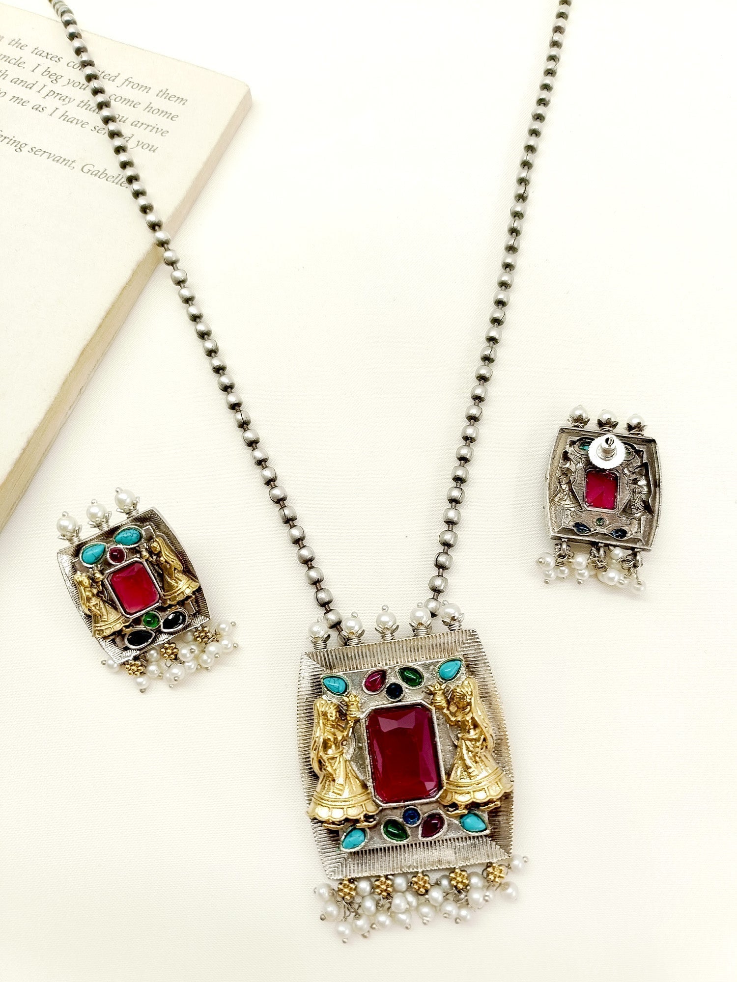 Raissa Multi Colour Oxidized Pendant Set - qivii
