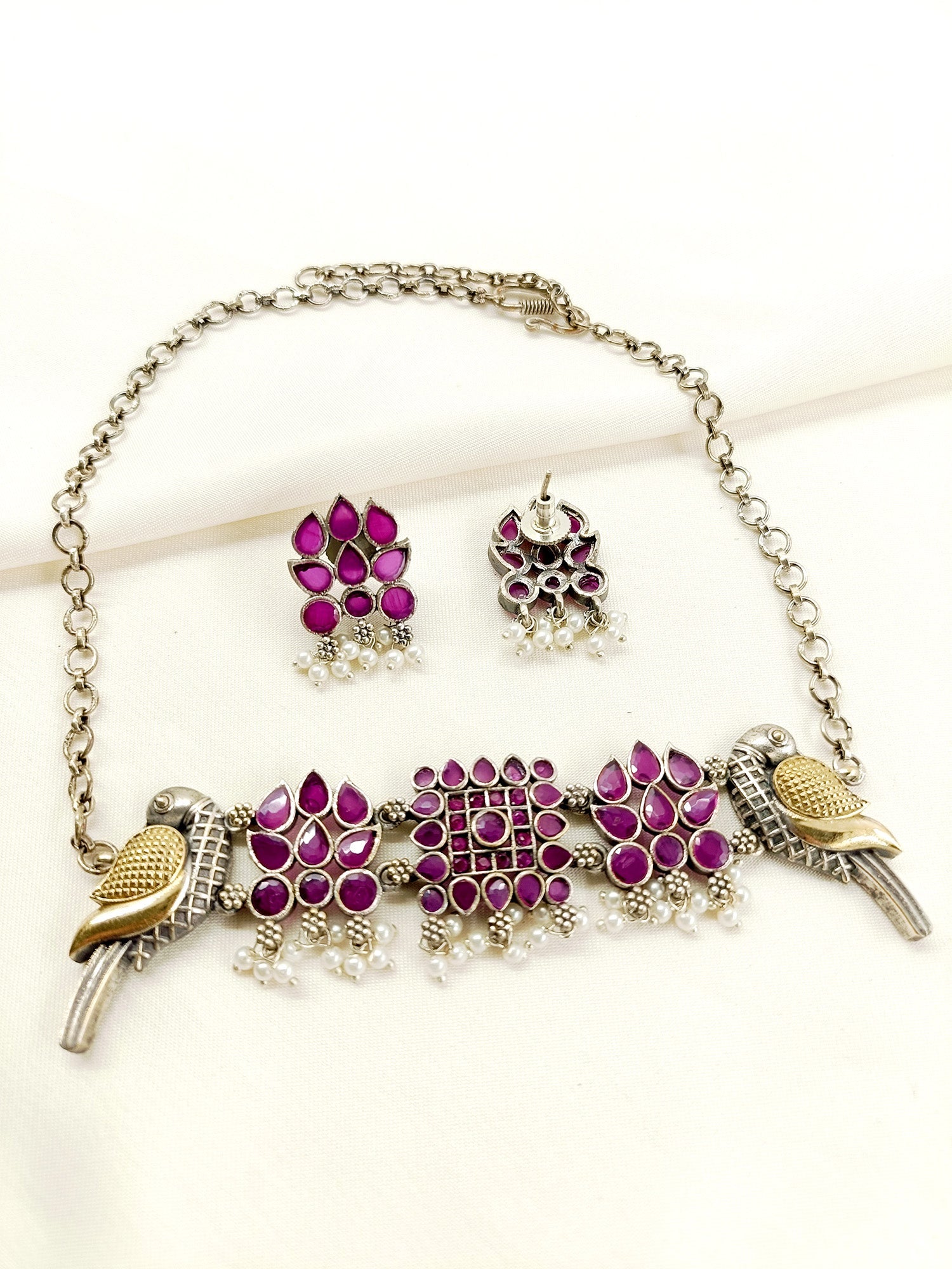 Catherin Ruby Peacock Oxidized Choker Set - qivii