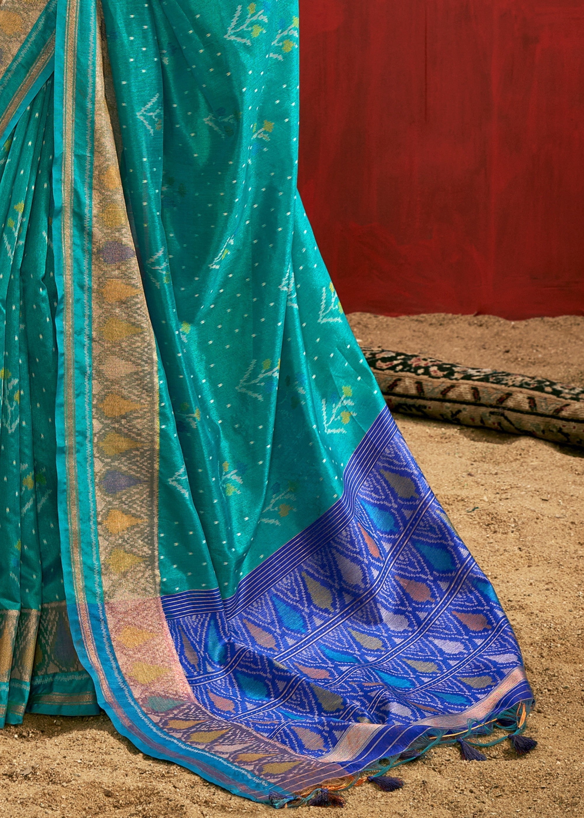 Aqua Green Patola Handloom Weaving Silk Saree - qivii