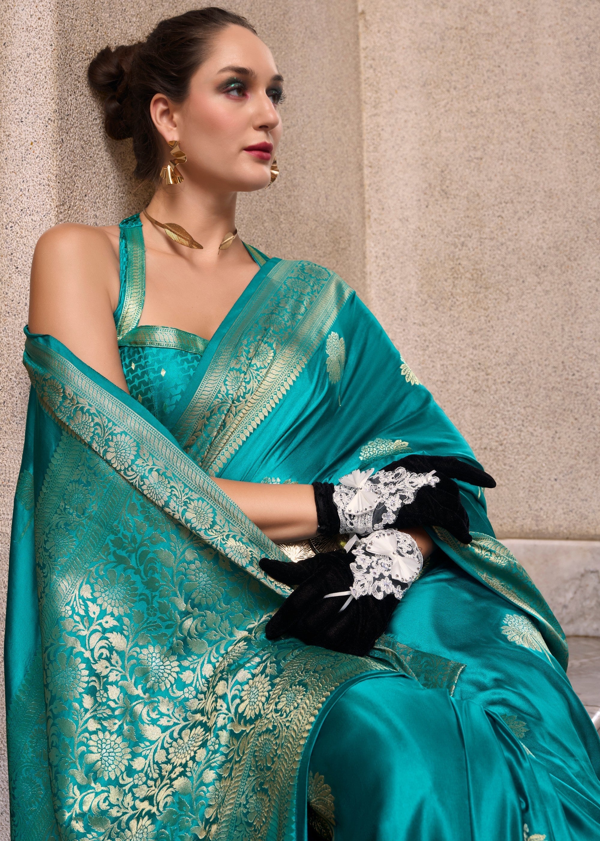 Sapphire Blue Satin Mungha Silk Saree - qivii