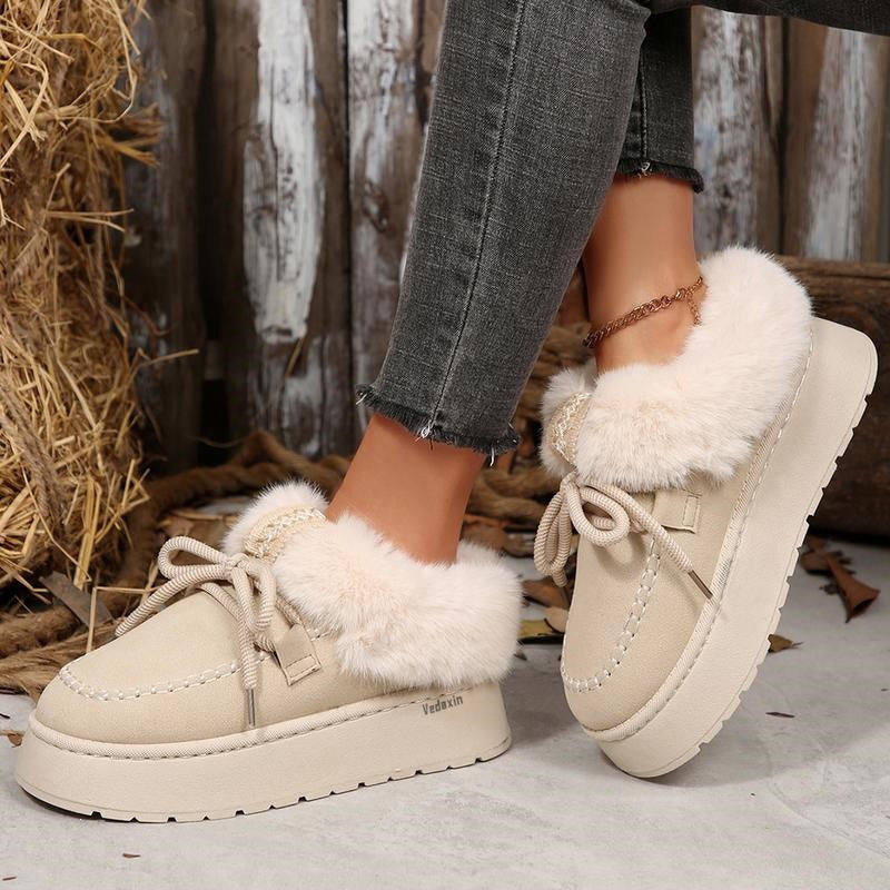Women's FrostHaven Faux Fur Lined Winter Shoes by Bootara, suede lace-up moccasin style with plush interior, available in US sizes 5.5-10.5.