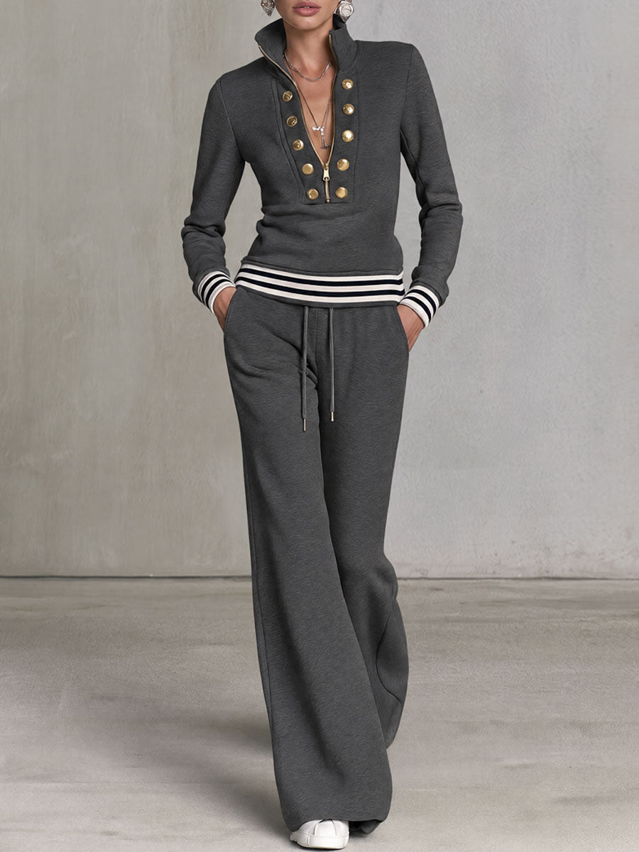 Grey sporty half-zip sweatshirt and wide-leg pants set for women by Oyrosy Clothing, styled for casual comfort.
