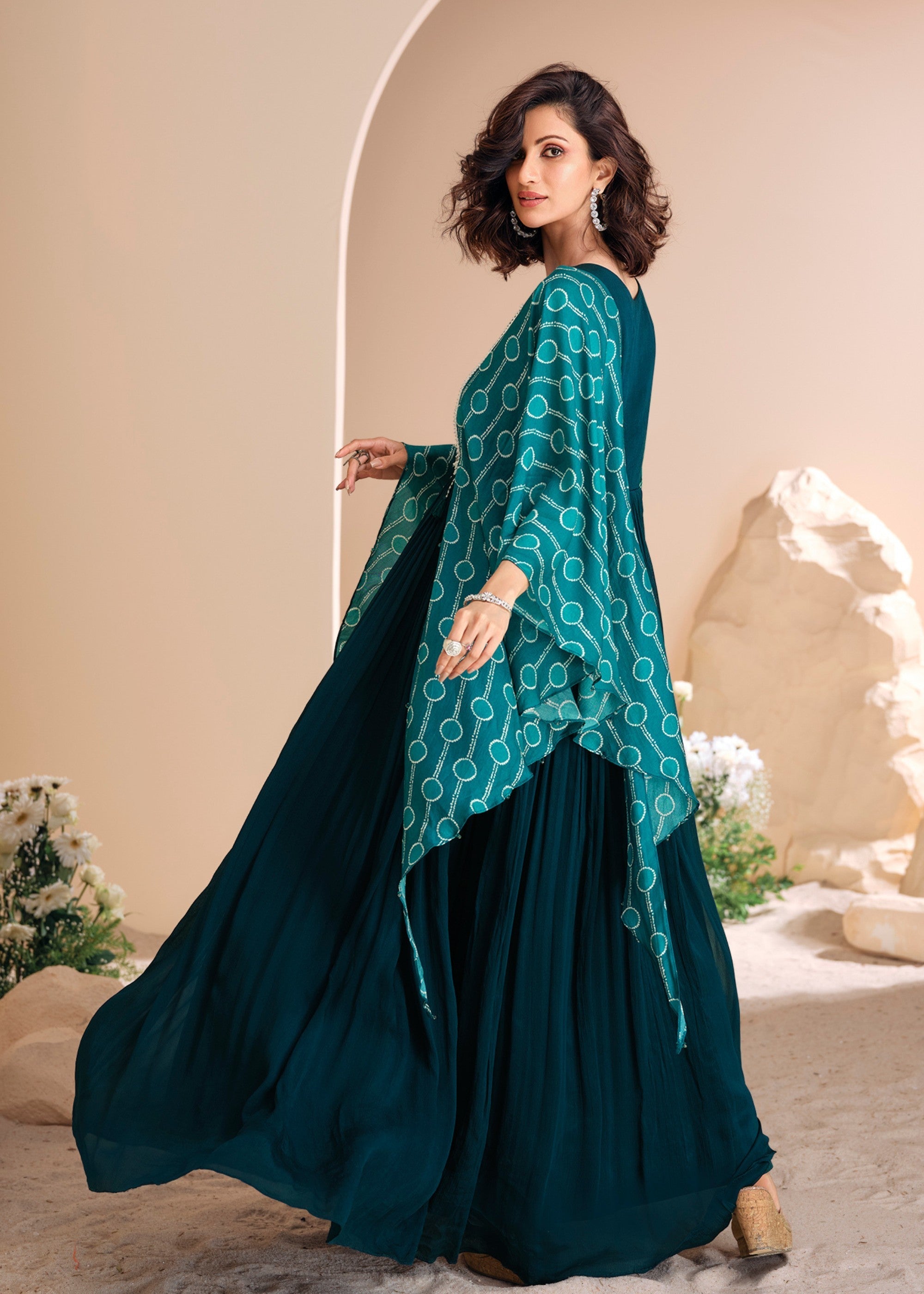 Prussian Blue Moti Embroidered Chinon Silk Gown With Digital Sleeves - qivii