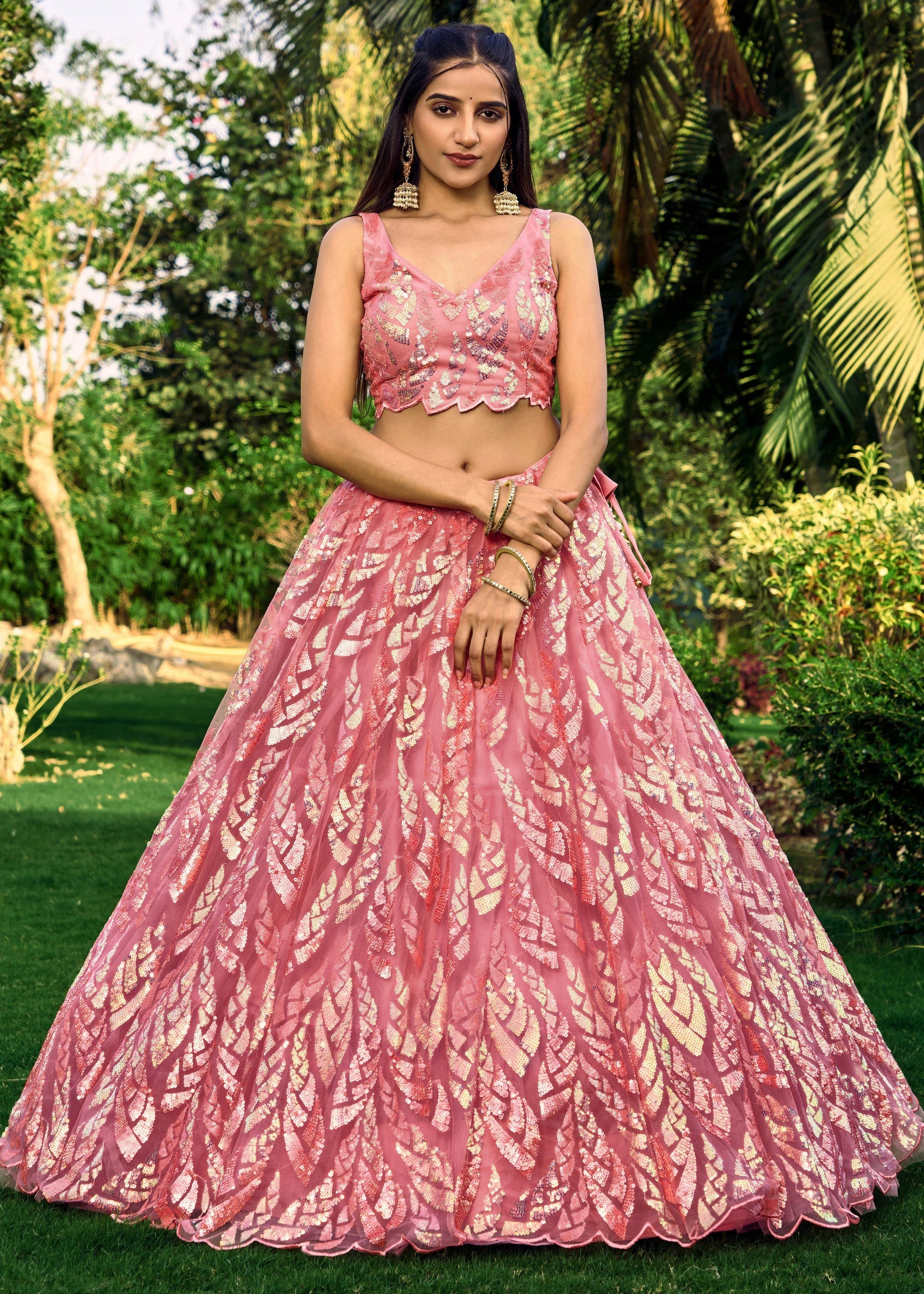 Baby Pink Net Lehenga Choli With Multiple Sequins And Thread Embroidery Work | Ready To Wear - qivii