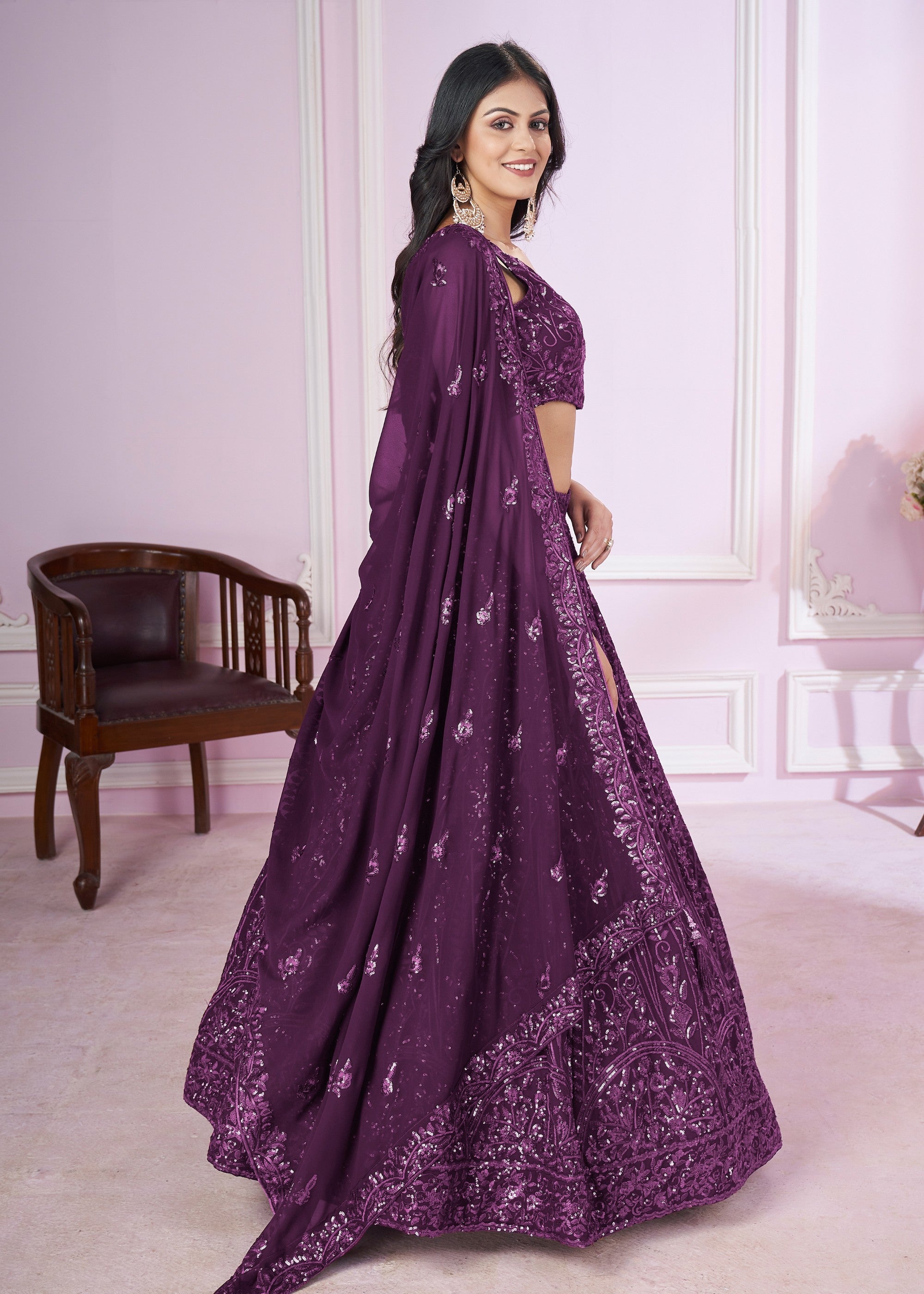 Mulberry Purple Georgette Lehenga Choli With Sequins And Thread Embroidery Work | Ready To Wear - qivii