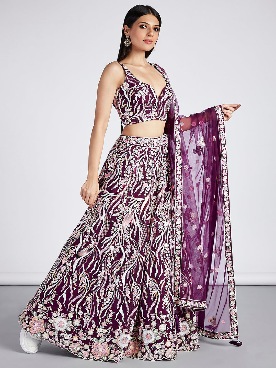 Burgundy - Multi-Sequins & Thread Work Embroidery Net Semi-Stitched Lehenga - qivii