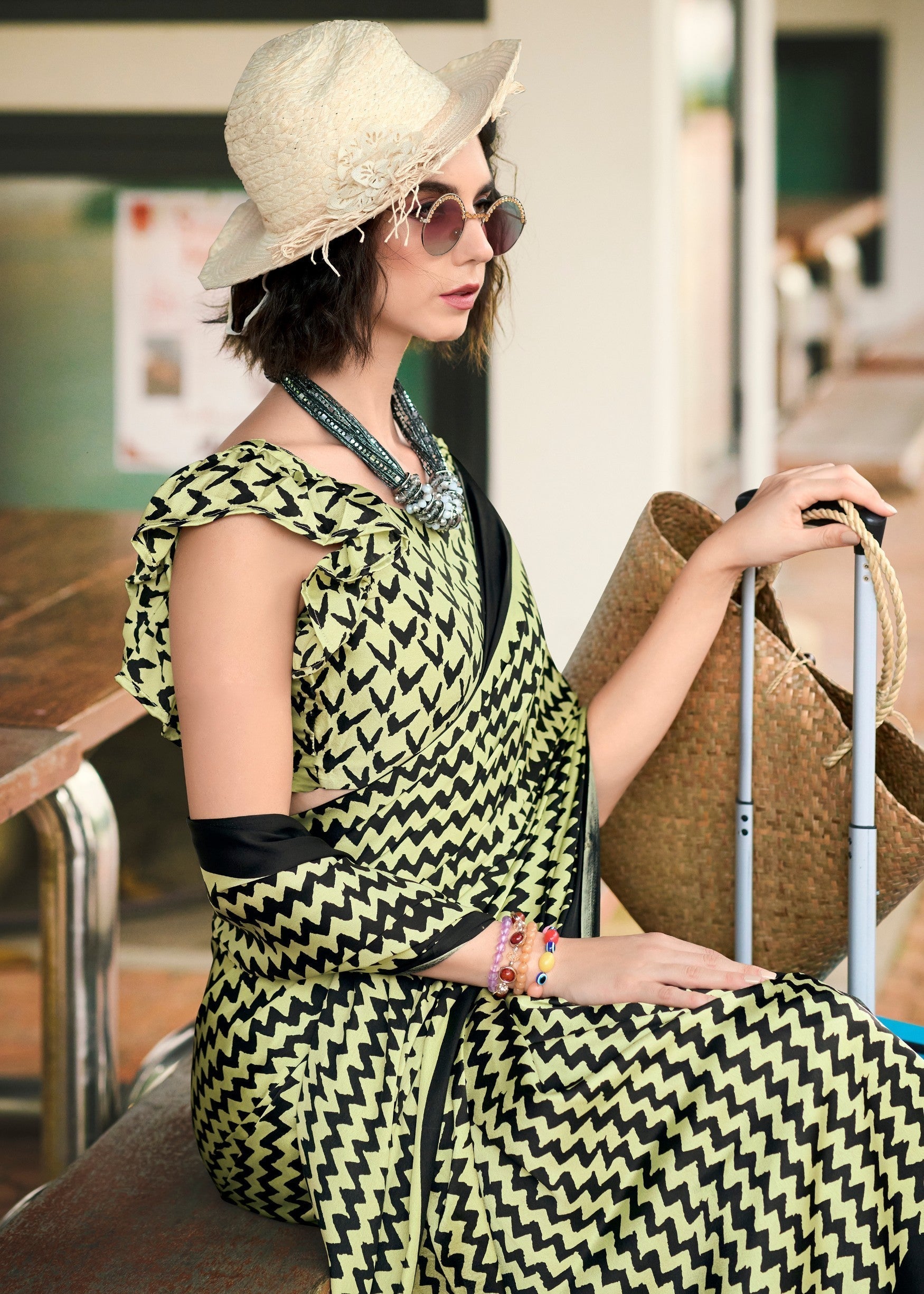 Tea Green Printed Satin Silk Saree - qivii