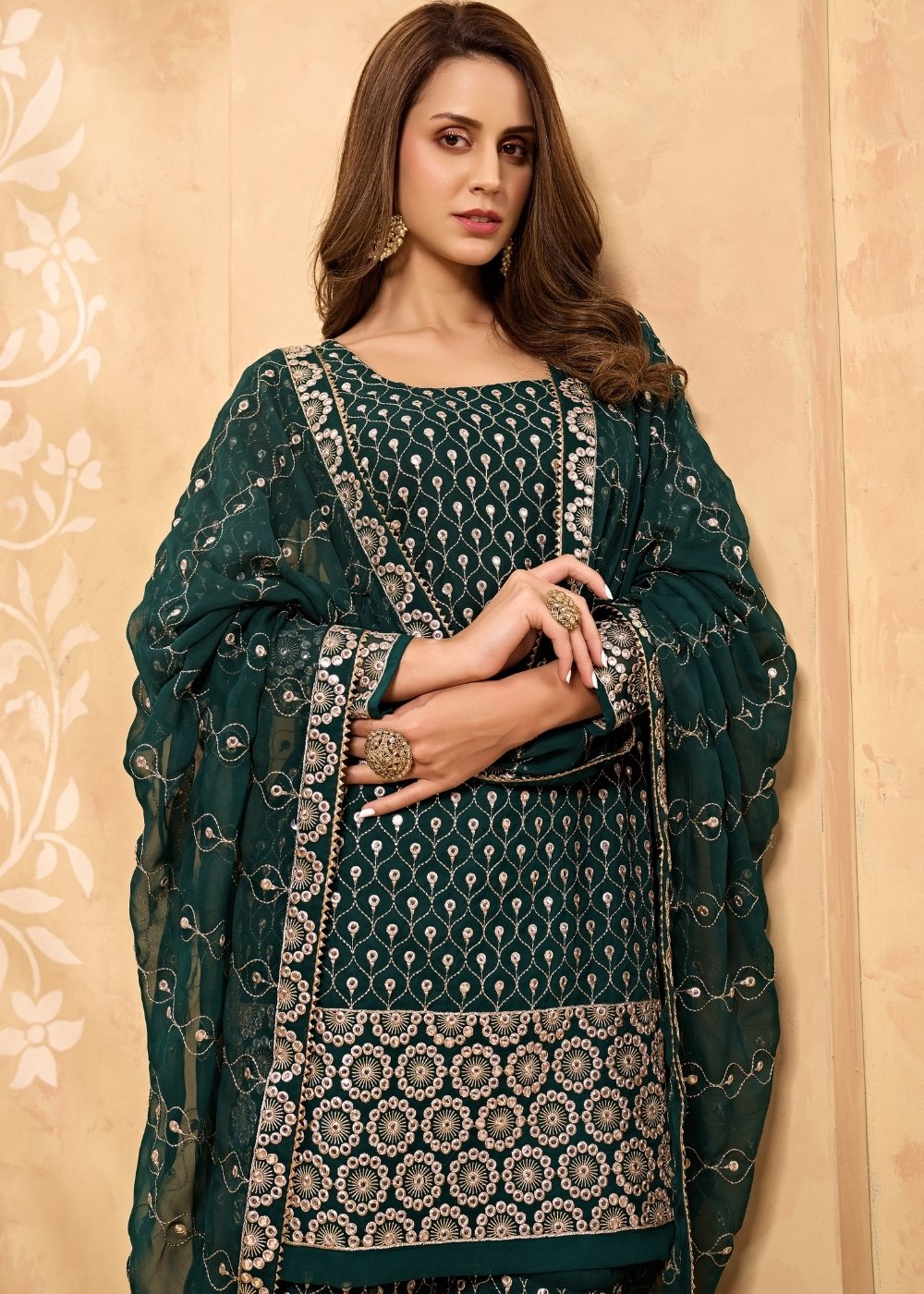 Sacramento Green Georgette Metti with Zari work Sharara Suit - qivii