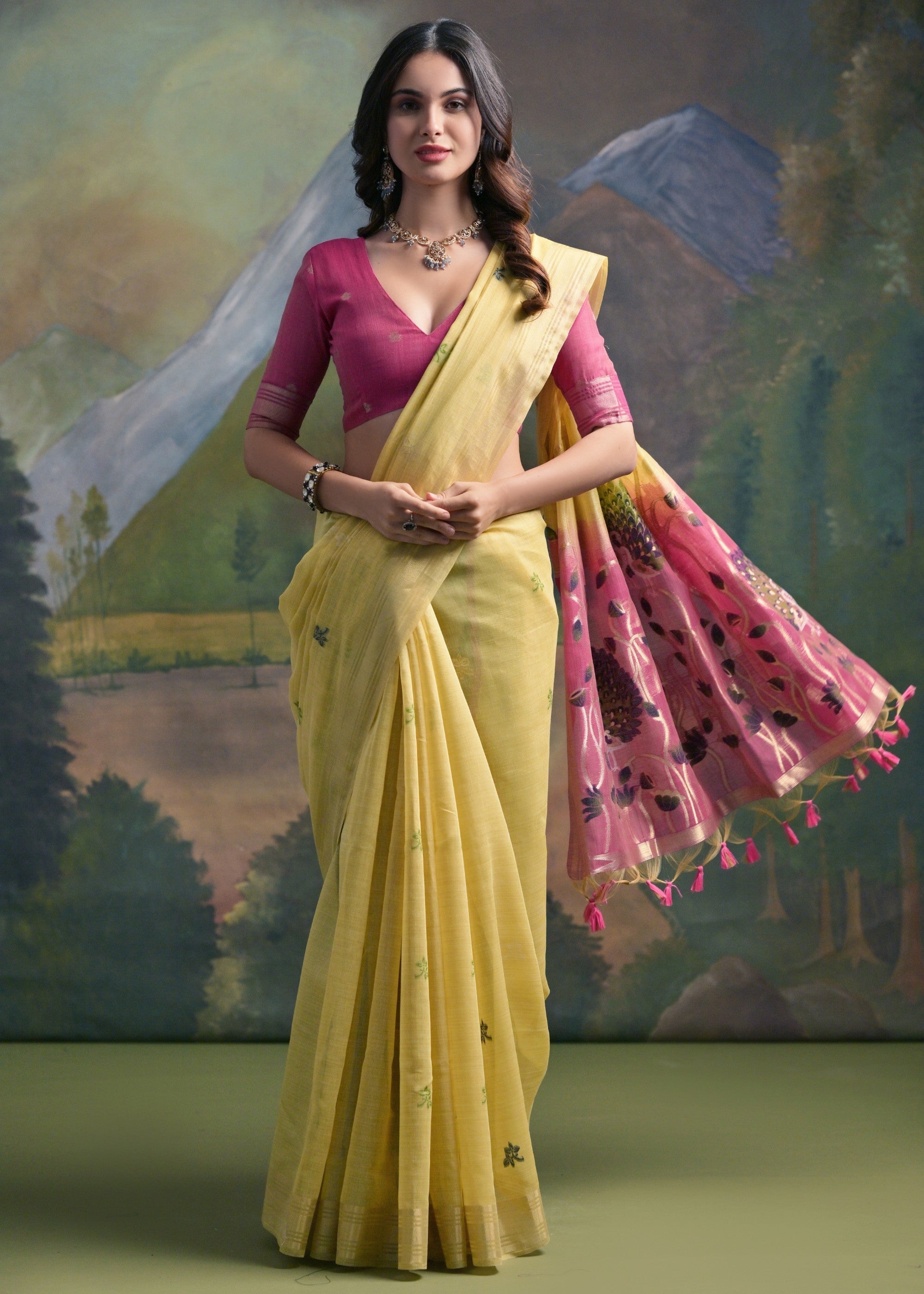 Lemon Yellow Thread Woven Cotton Saree With Contrast Blouse And Pallu - qivii