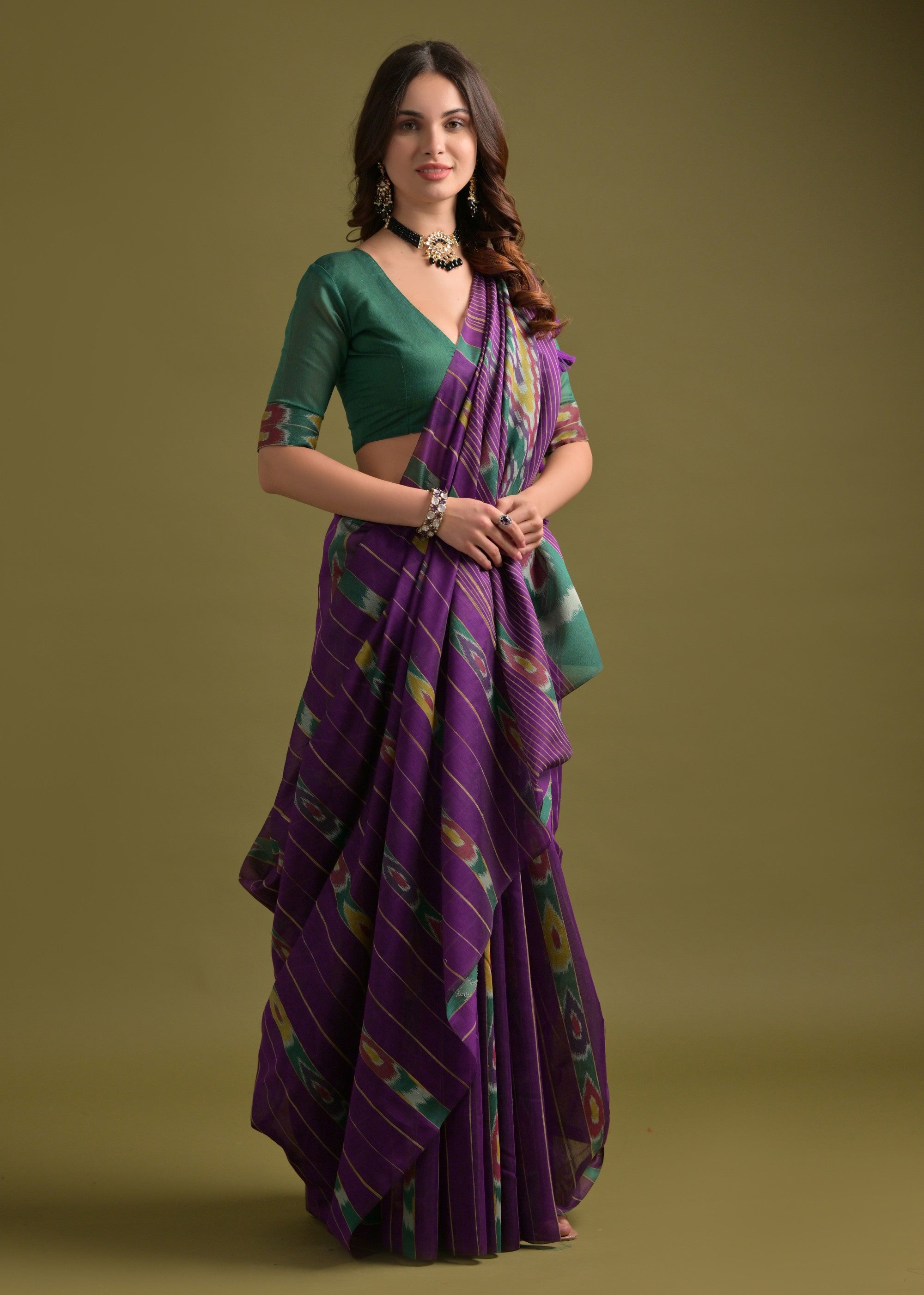 True Purple Soft Ikkat Cotton Printed Saree - qivii