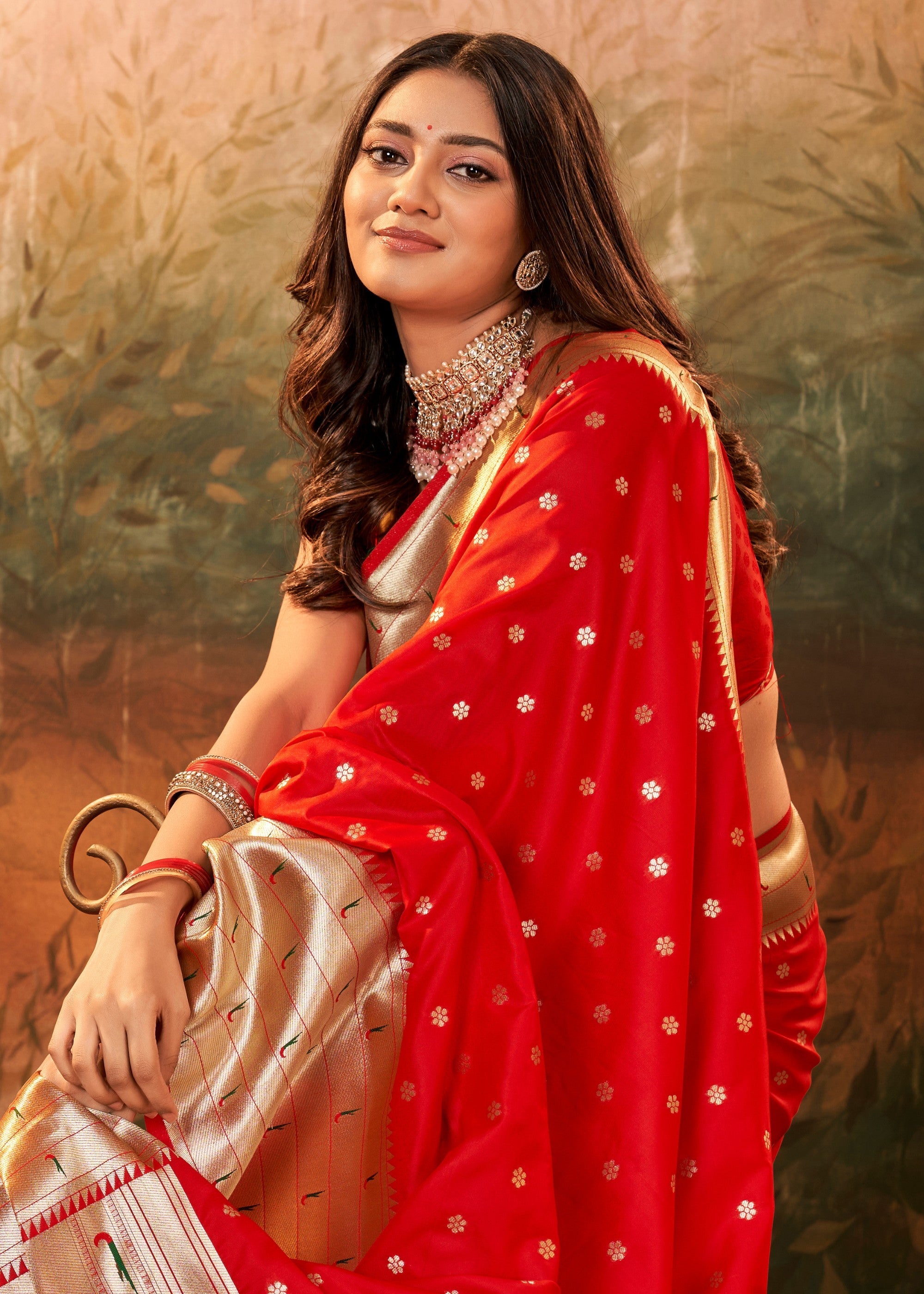 Cherry Red Paithani Silk Saree With Zari Weaving - qivii