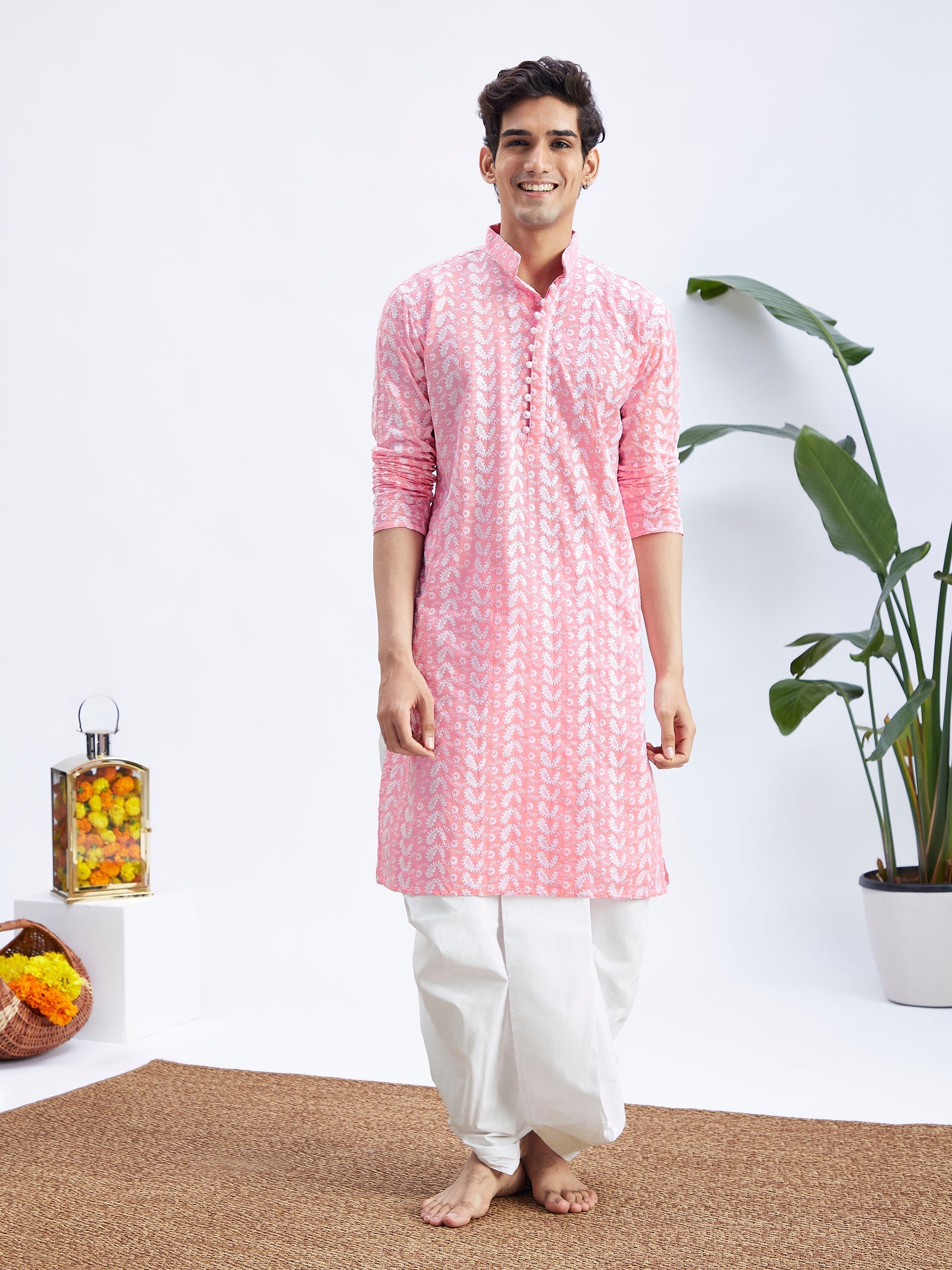 Men's Pink Pure Cotton Chikankari Kurta With Dhoti Set