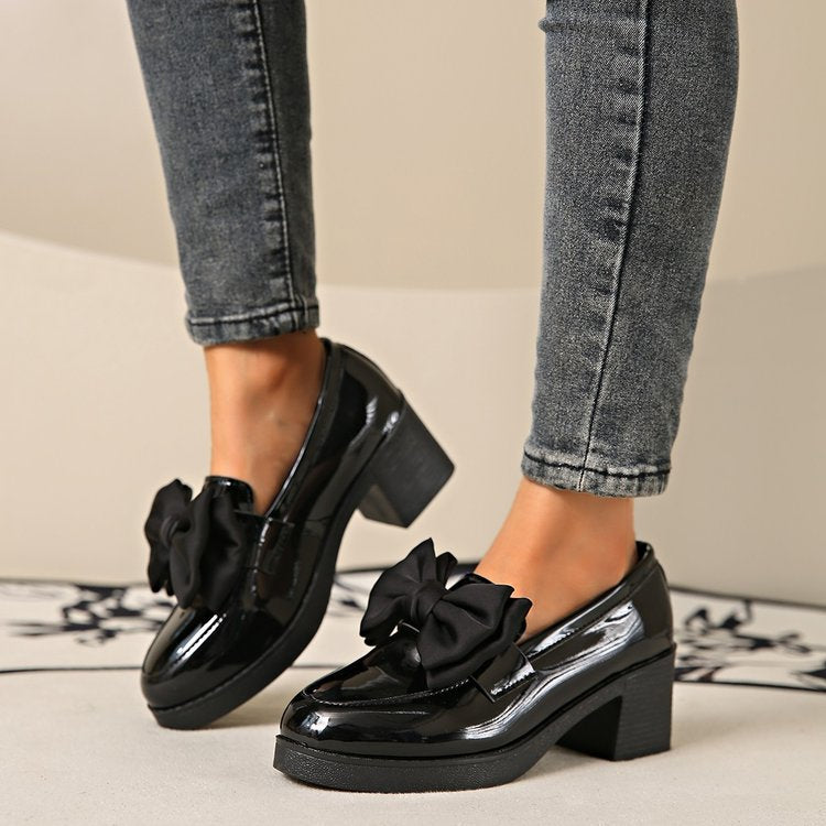 Women's Plus Size Bowknot Leather Shoes with Chunky Heel Platform