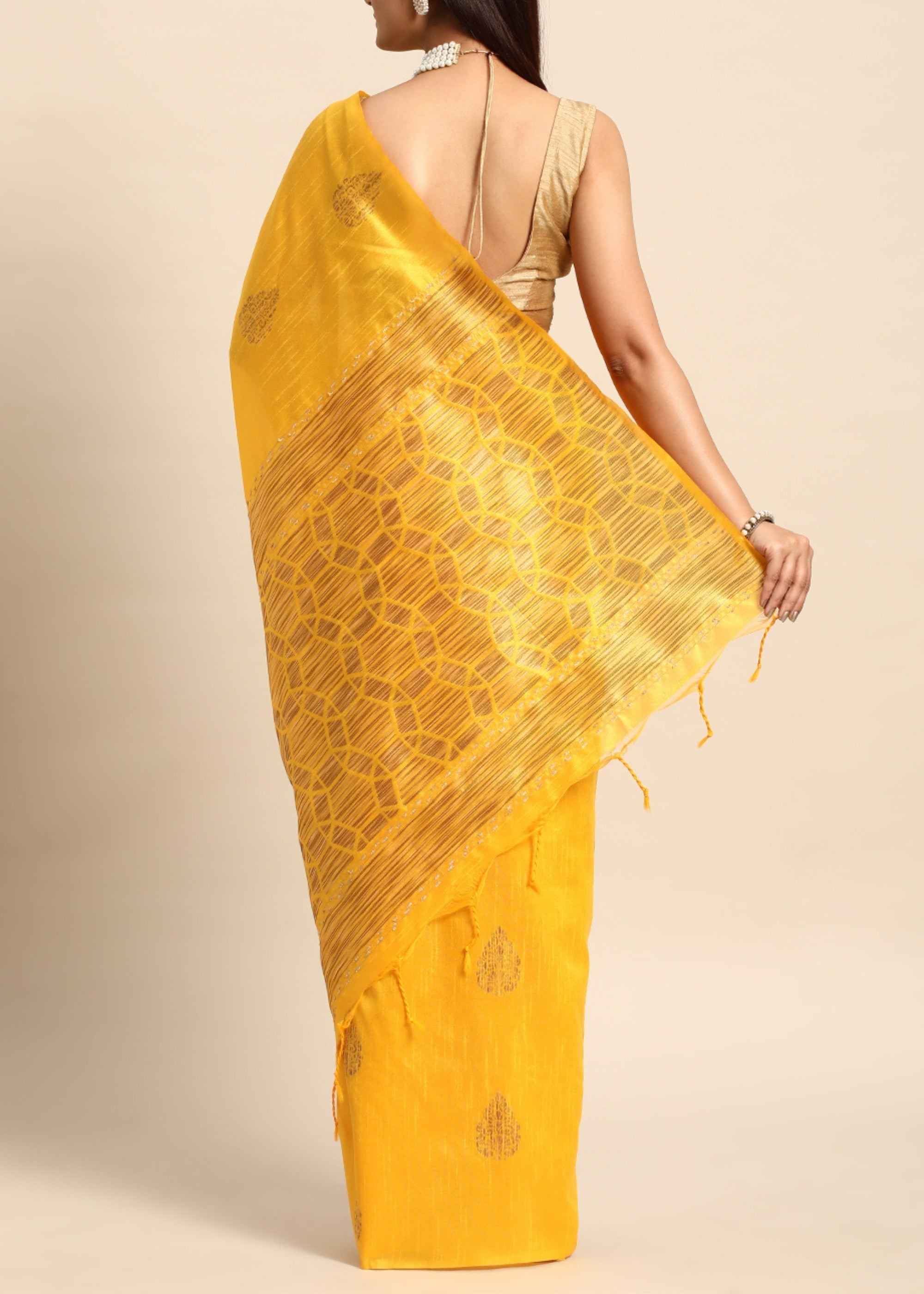 Golden Yellow Denim Blue Woven Handloom Raw Silk Saree - qivii