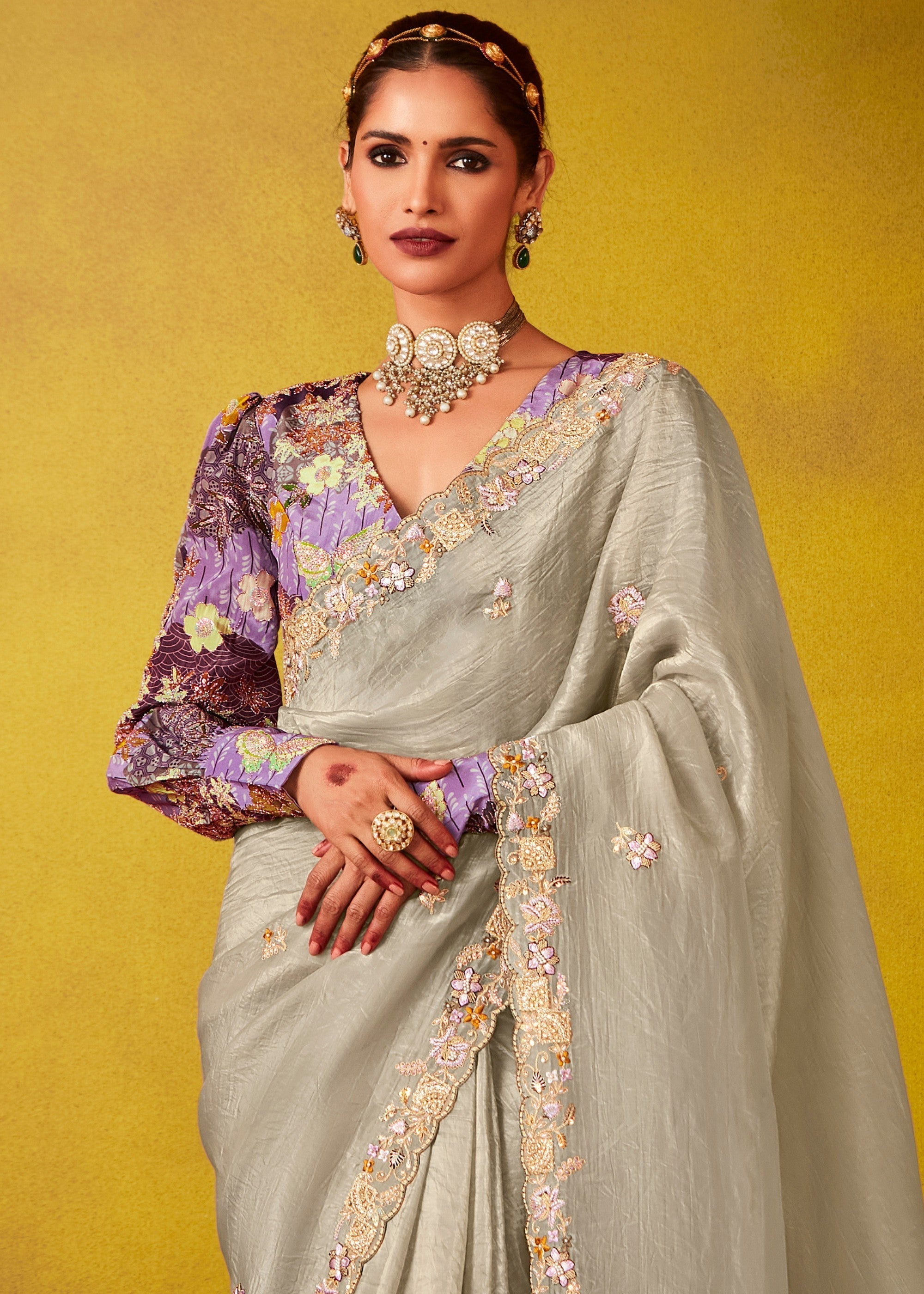 Rhino Grey Glass Tissue Silk Saree With Sequins And Thread Embroidered Work - qivii