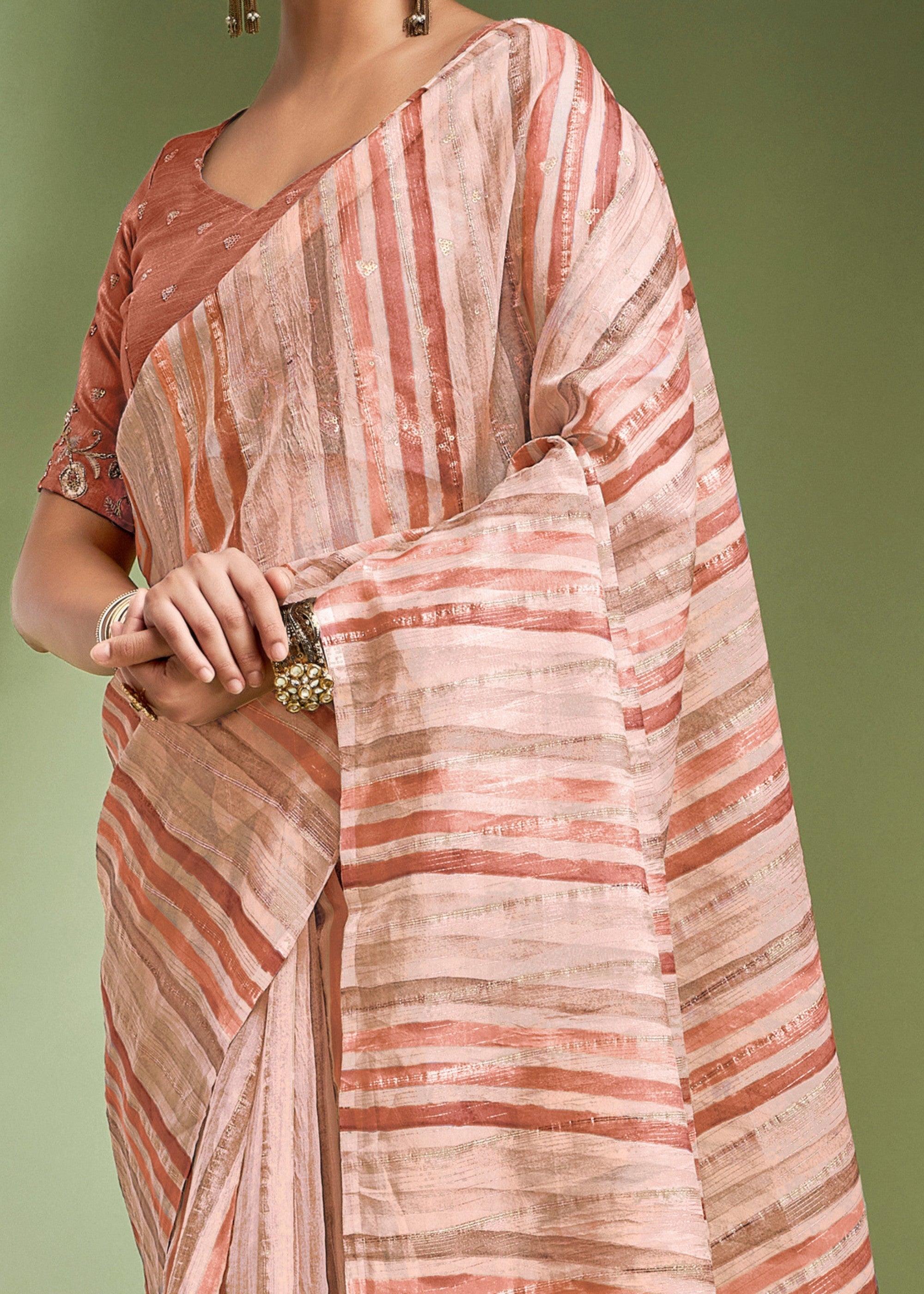 Salmon Orange Tissue Based Fancy Silk Saree With Designer Blouse - qivii